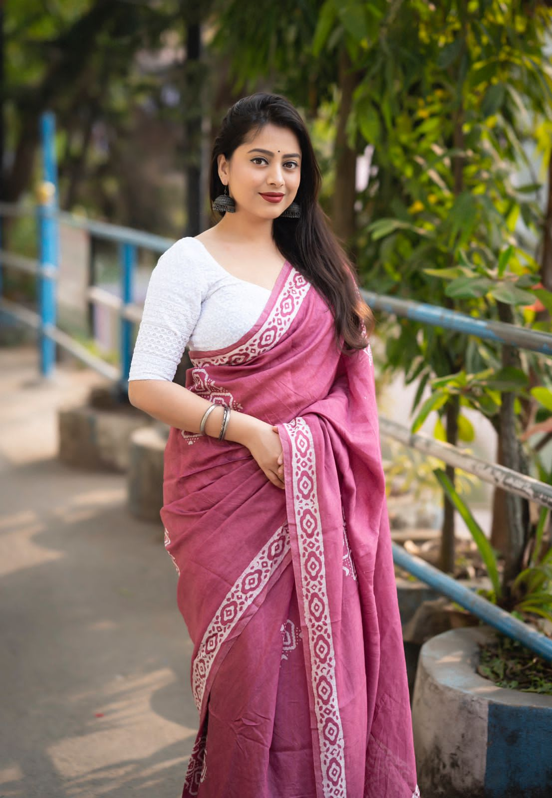 Plum Color Soft Cotton Saree With Handblock Batik Prints