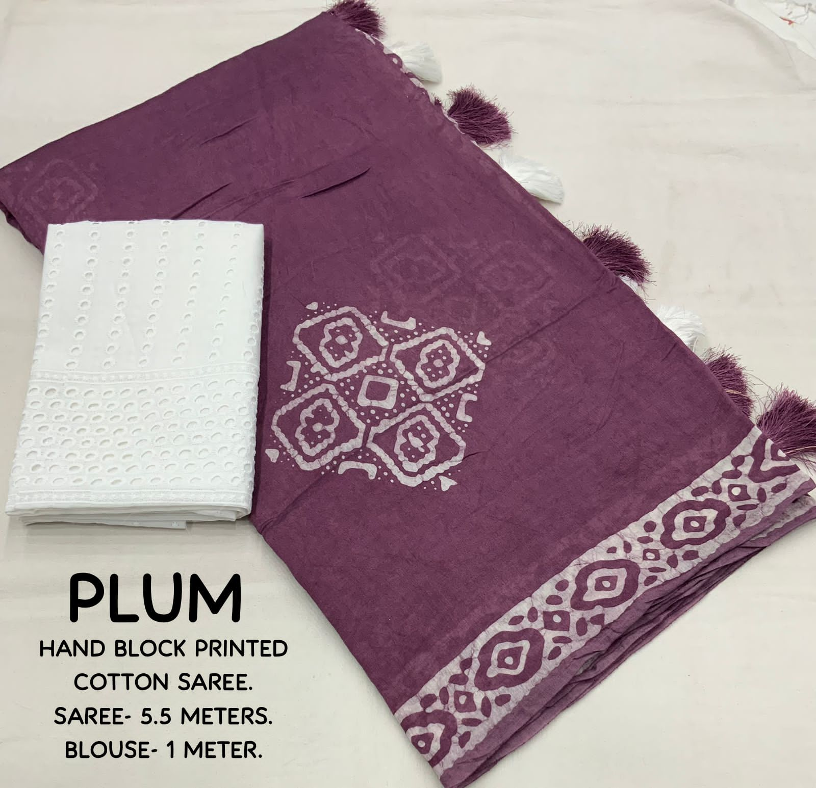 Plum Color Soft Cotton Saree With Handblock Batik Prints