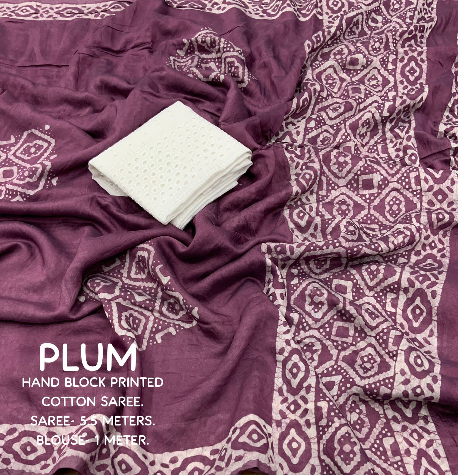 Plum Color Soft Cotton Saree With Handblock Batik Prints