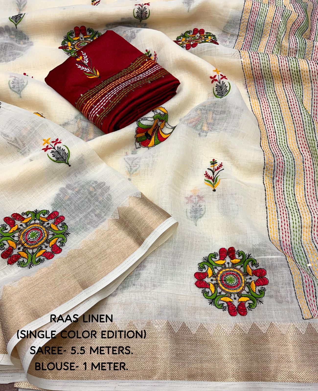 Soft Ivory Linen Saree Gold Zari Woven Temple Border