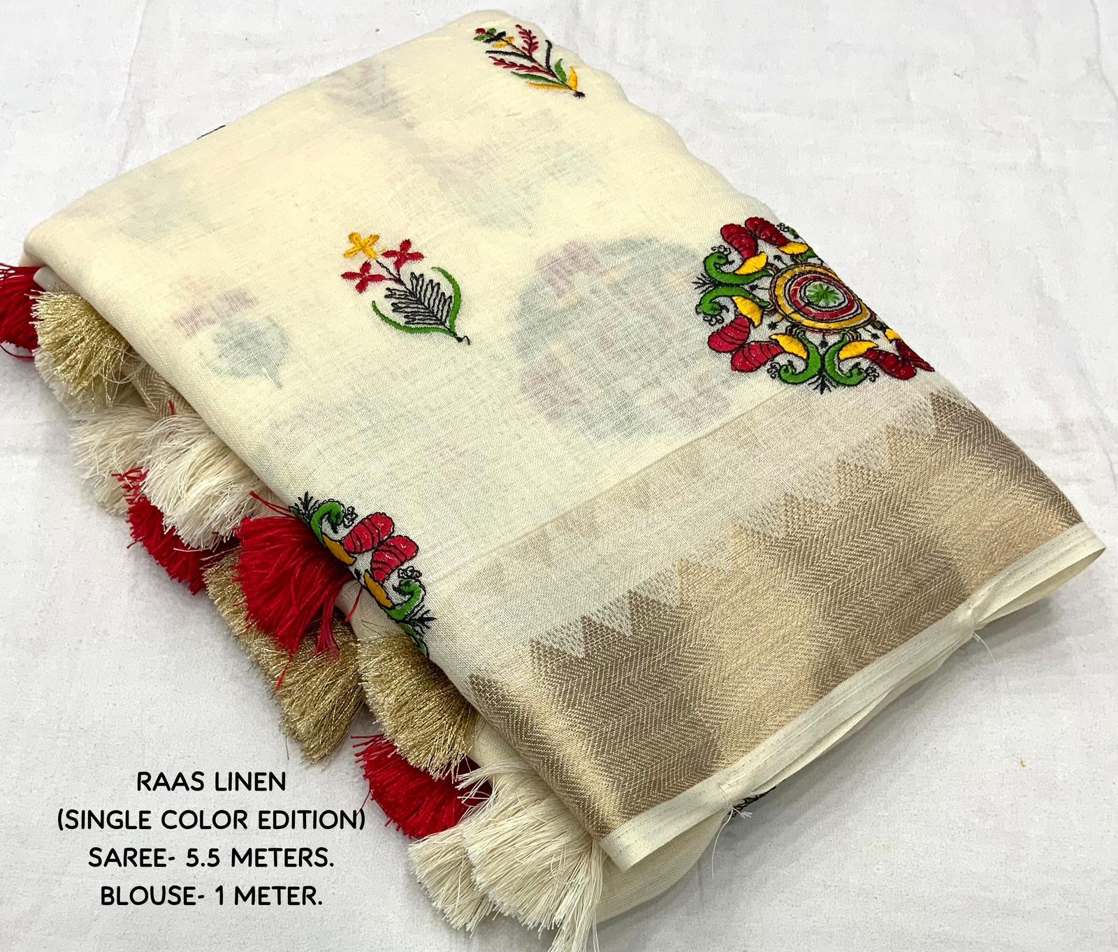 Soft Ivory Linen Saree Gold Zari Woven Temple Border