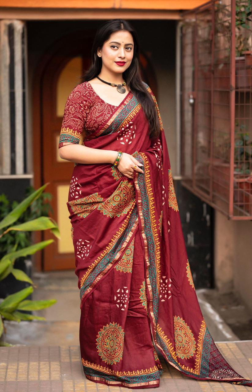 Maroon Color Premium Cotton Ajrakh Hand Block Printed Saree With Zari Woven Pattu Border