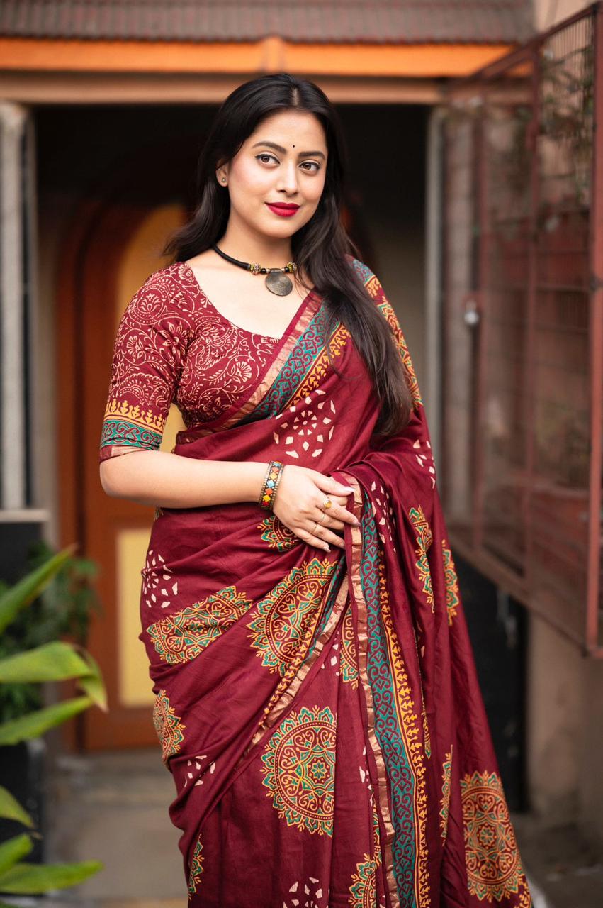 Maroon Color Premium Cotton Ajrakh Hand Block Printed Saree With Zari Woven Pattu Border