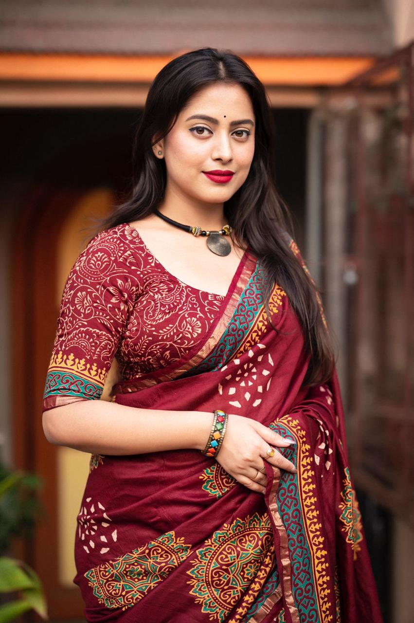 Maroon Color Premium Cotton Ajrakh Hand Block Printed Saree With Zari Woven Pattu Border