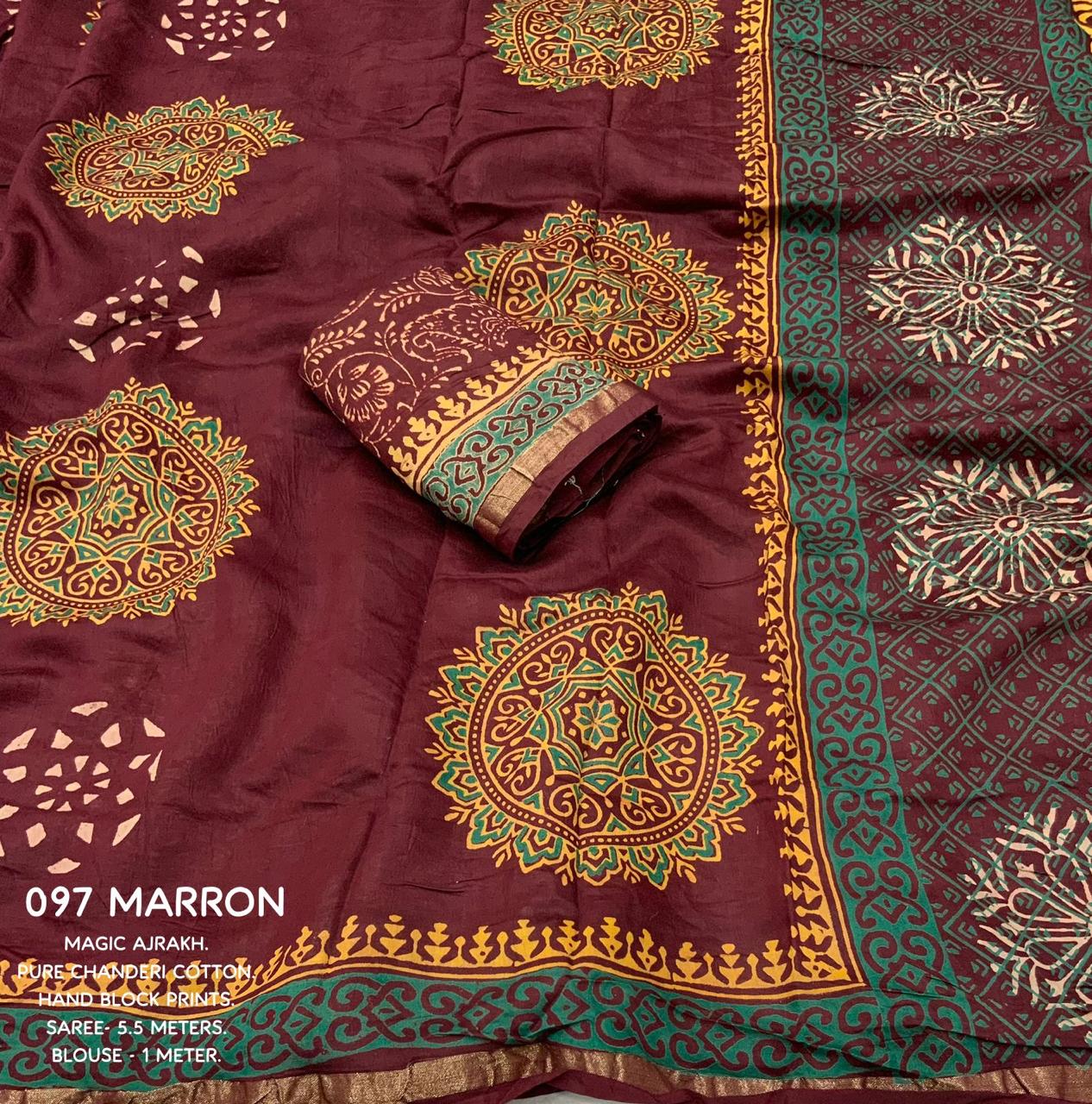 Maroon Color Premium Cotton Ajrakh Hand Block Printed Saree With Zari Woven Pattu Border