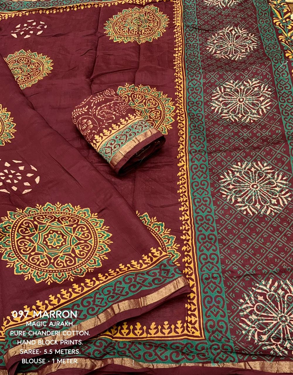 Maroon Color Premium Cotton Ajrakh Hand Block Printed Saree With Zari Woven Pattu Border