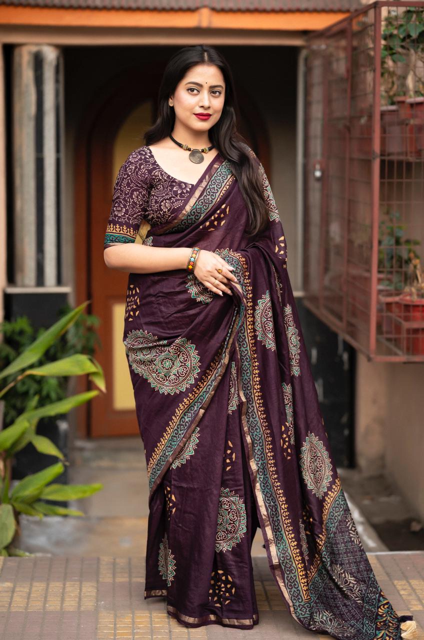 Jamali Color Premium Cotton Ajrakh Hand Block Printed Saree With Zari Woven Pattu Border