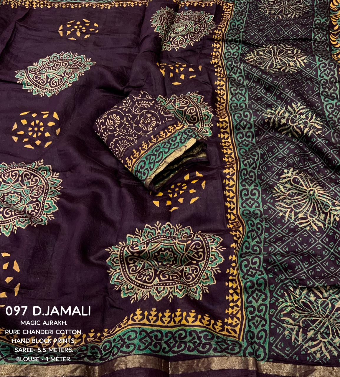 Jamali Color Premium Cotton Ajrakh Hand Block Printed Saree With Zari Woven Pattu Border