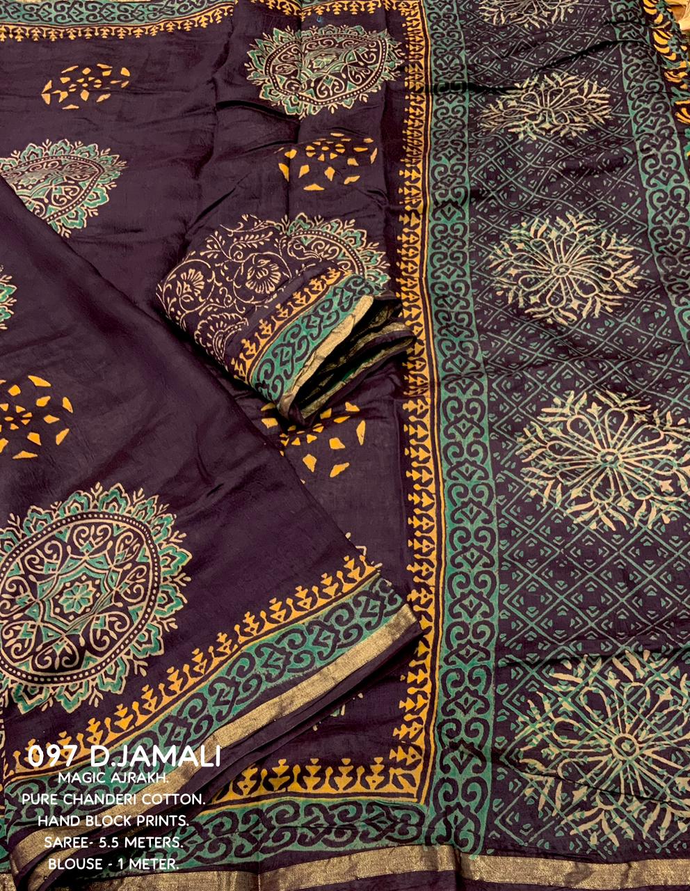 Jamali Color Premium Cotton Ajrakh Hand Block Printed Saree With Zari Woven Pattu Border