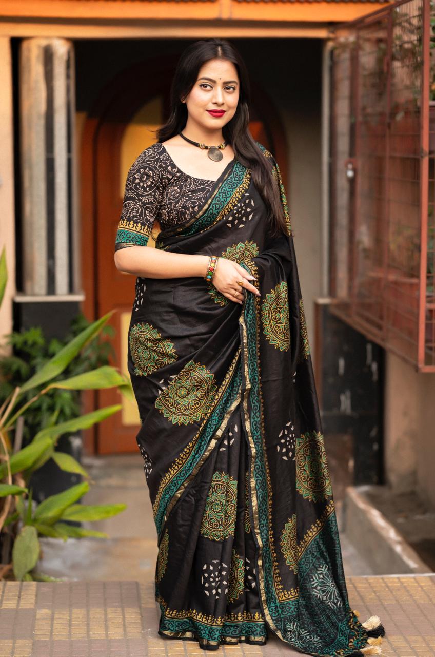 Black Color Premium Cotton Ajrakh Hand Block Printed Saree With Zari Woven Pattu Border