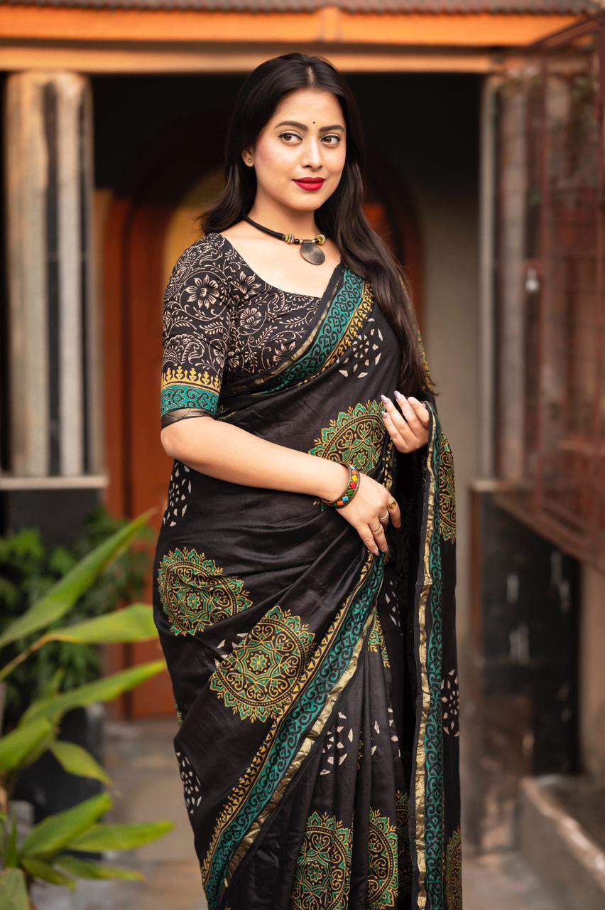 Black Color Premium Cotton Ajrakh Hand Block Printed Saree With Zari Woven Pattu Border