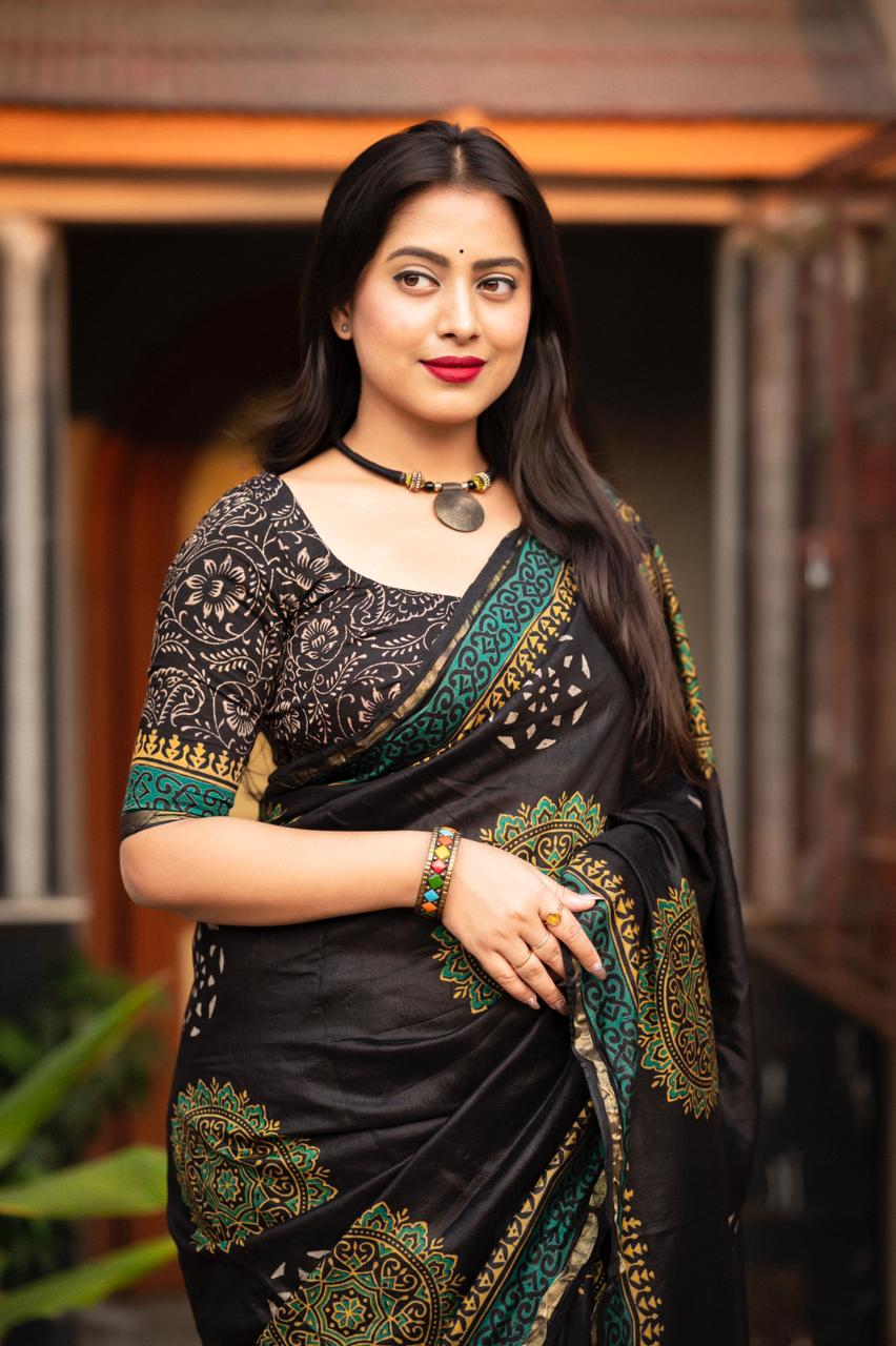 Black Color Premium Cotton Ajrakh Hand Block Printed Saree With Zari Woven Pattu Border