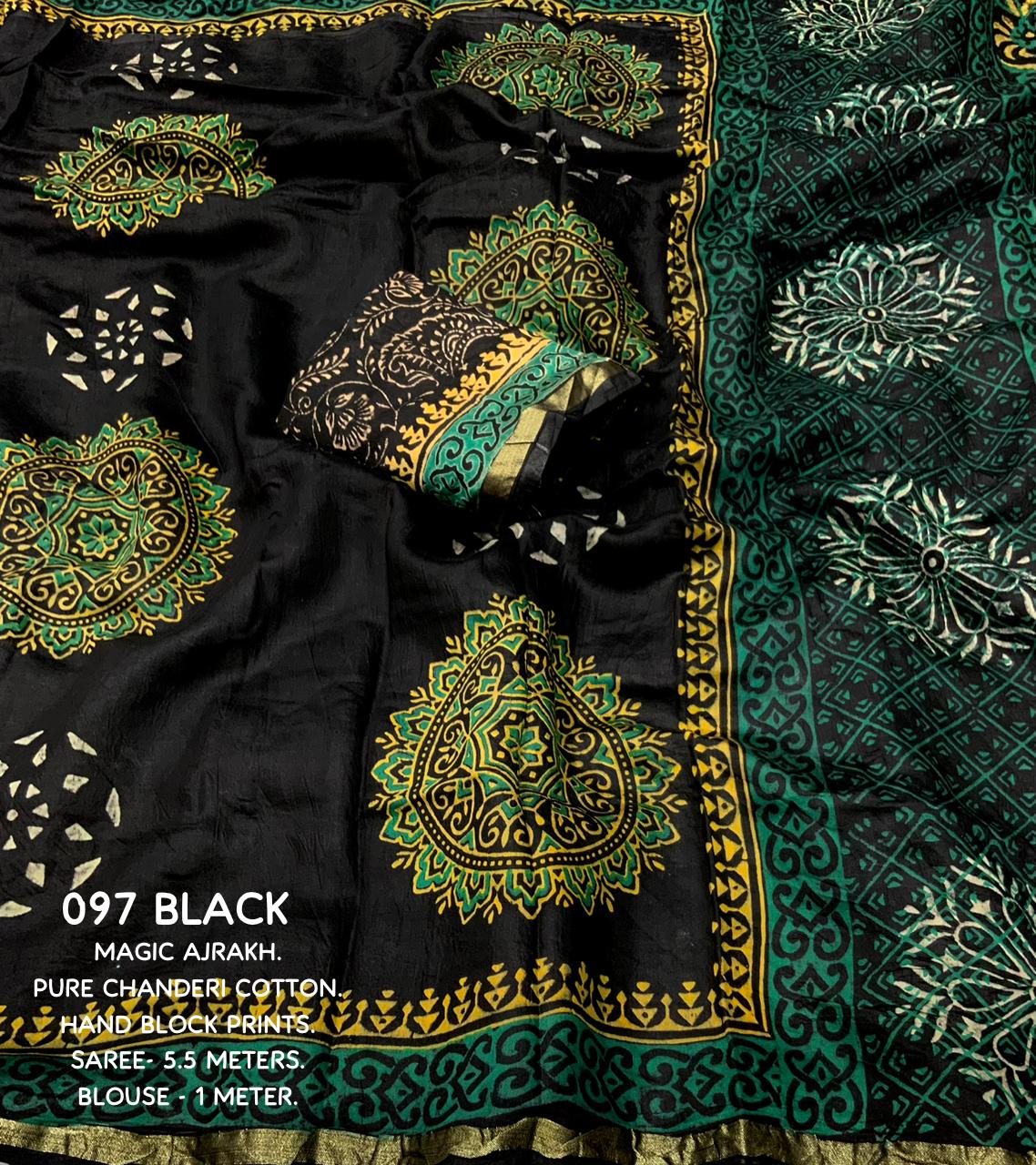 Black Color Premium Cotton Ajrakh Hand Block Printed Saree With Zari Woven Pattu Border