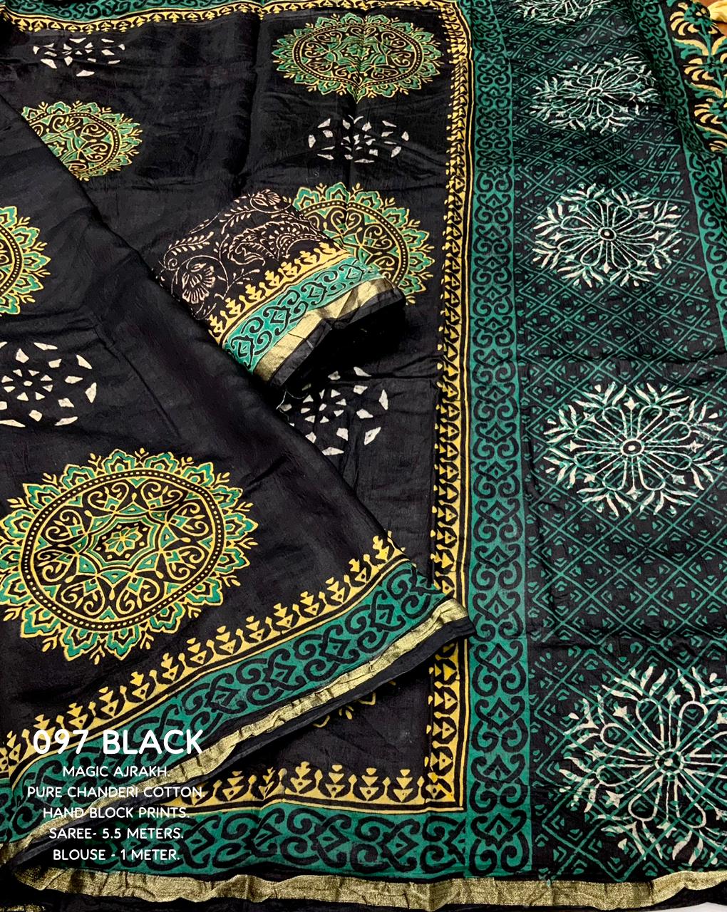 Black Color Premium Cotton Ajrakh Hand Block Printed Saree With Zari Woven Pattu Border