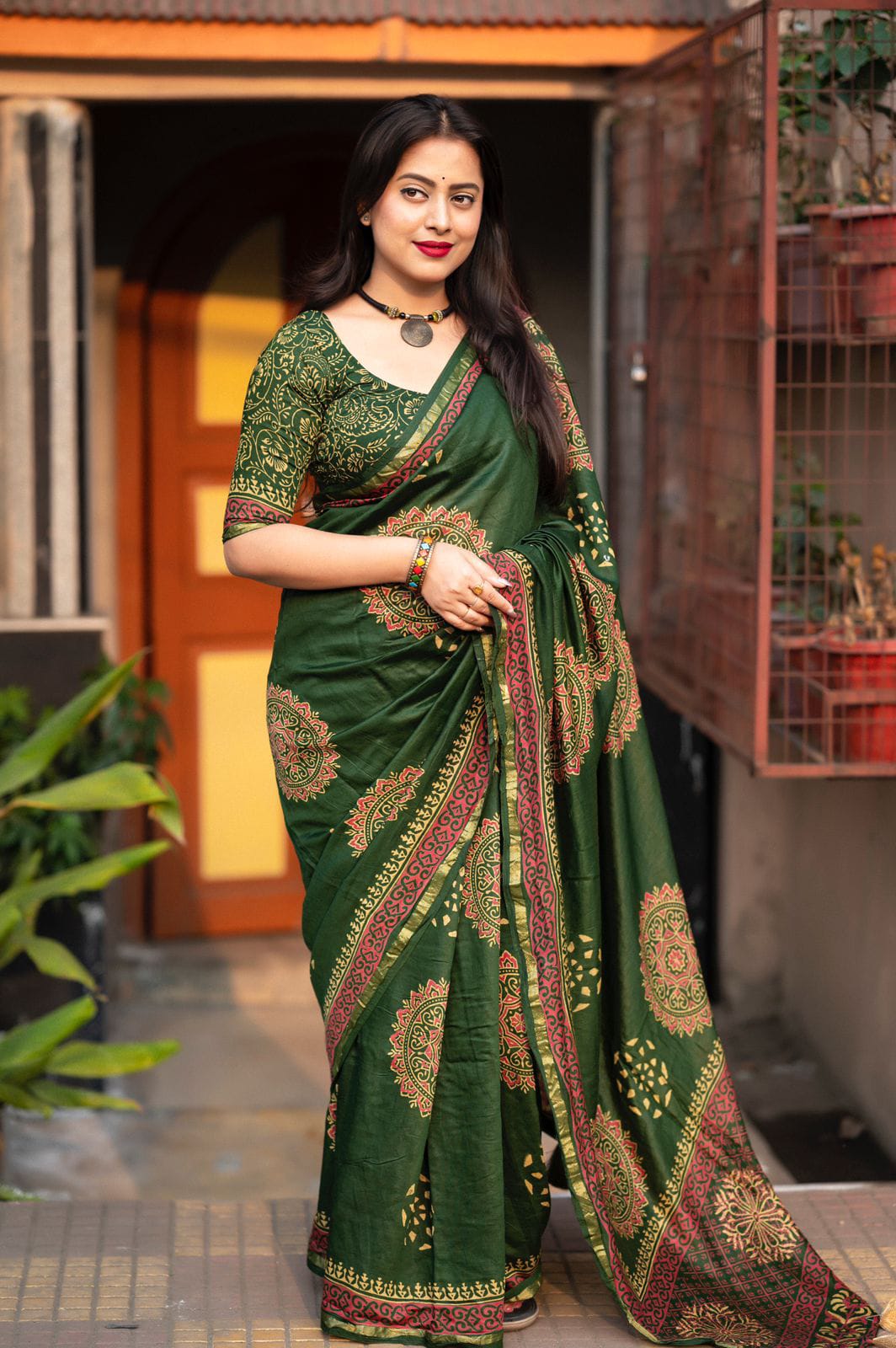 Mehendi Color Premium Cotton Ajrakh Hand Block Printed Saree With Zari Woven Pattu Border