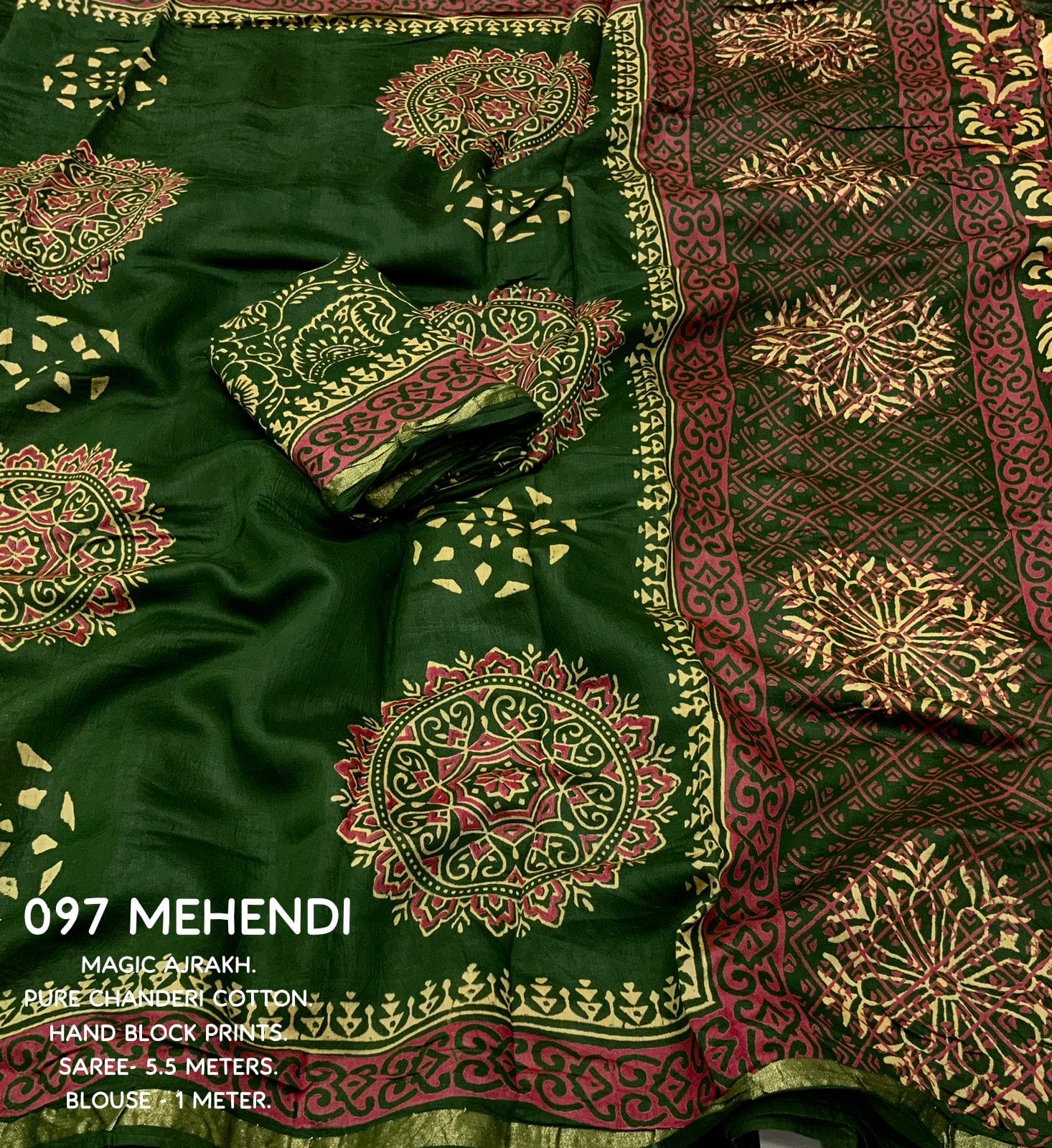 Mehendi Color Premium Cotton Ajrakh Hand Block Printed Saree With Zari Woven Pattu Border