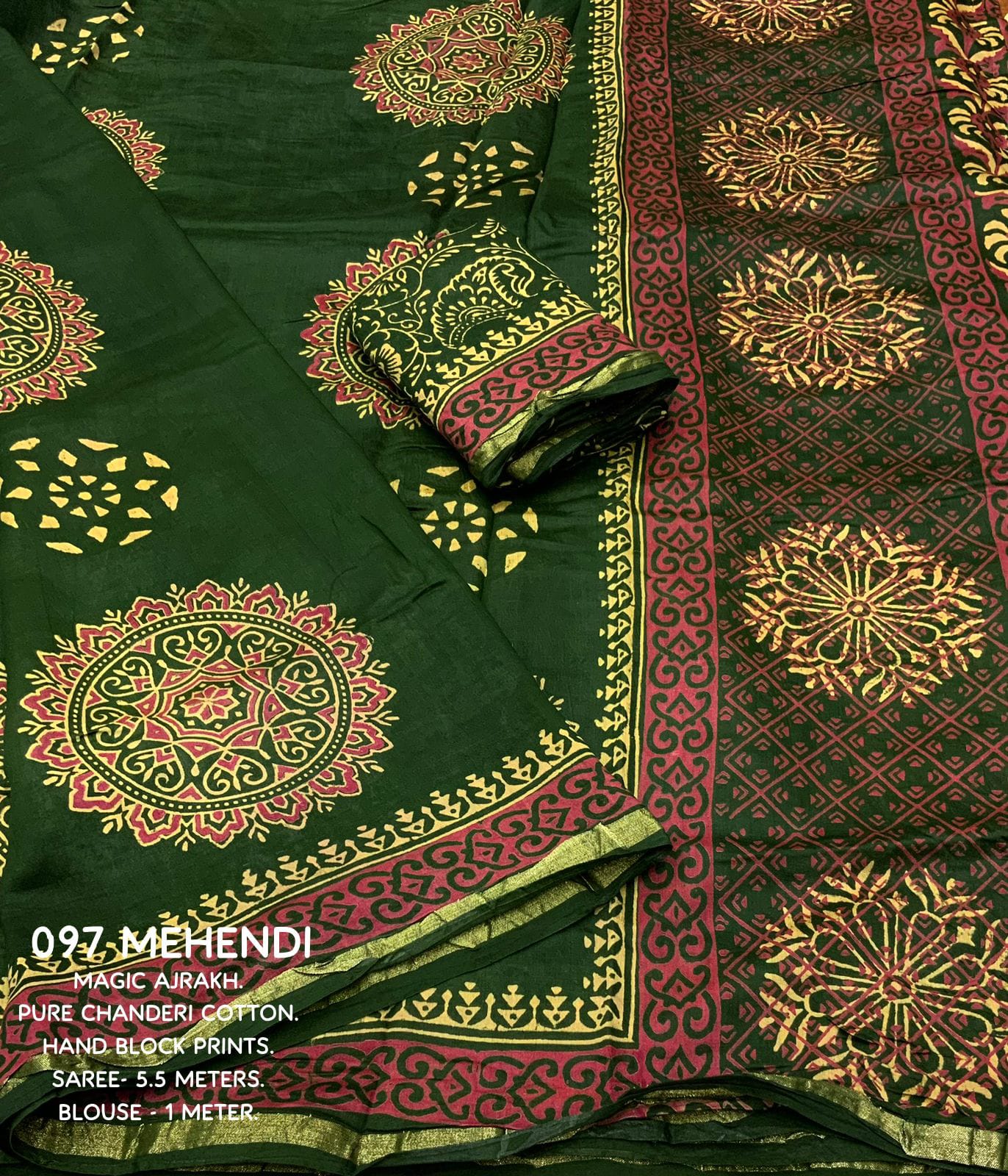 Mehendi Color Premium Cotton Ajrakh Hand Block Printed Saree With Zari Woven Pattu Border