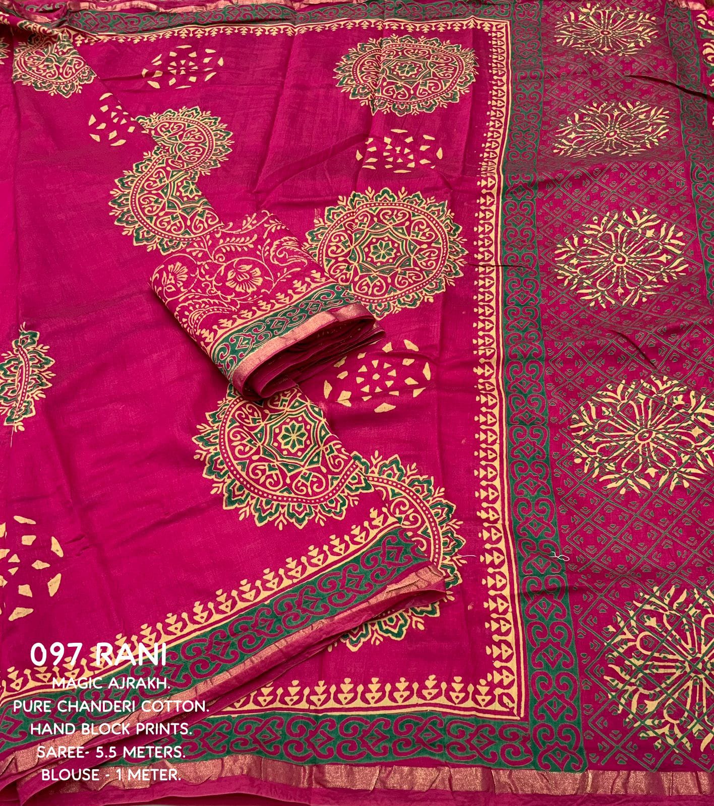 Rani Color Premium Cotton Ajrakh Hand Block Printed Saree With Zari Woven Pattu Border