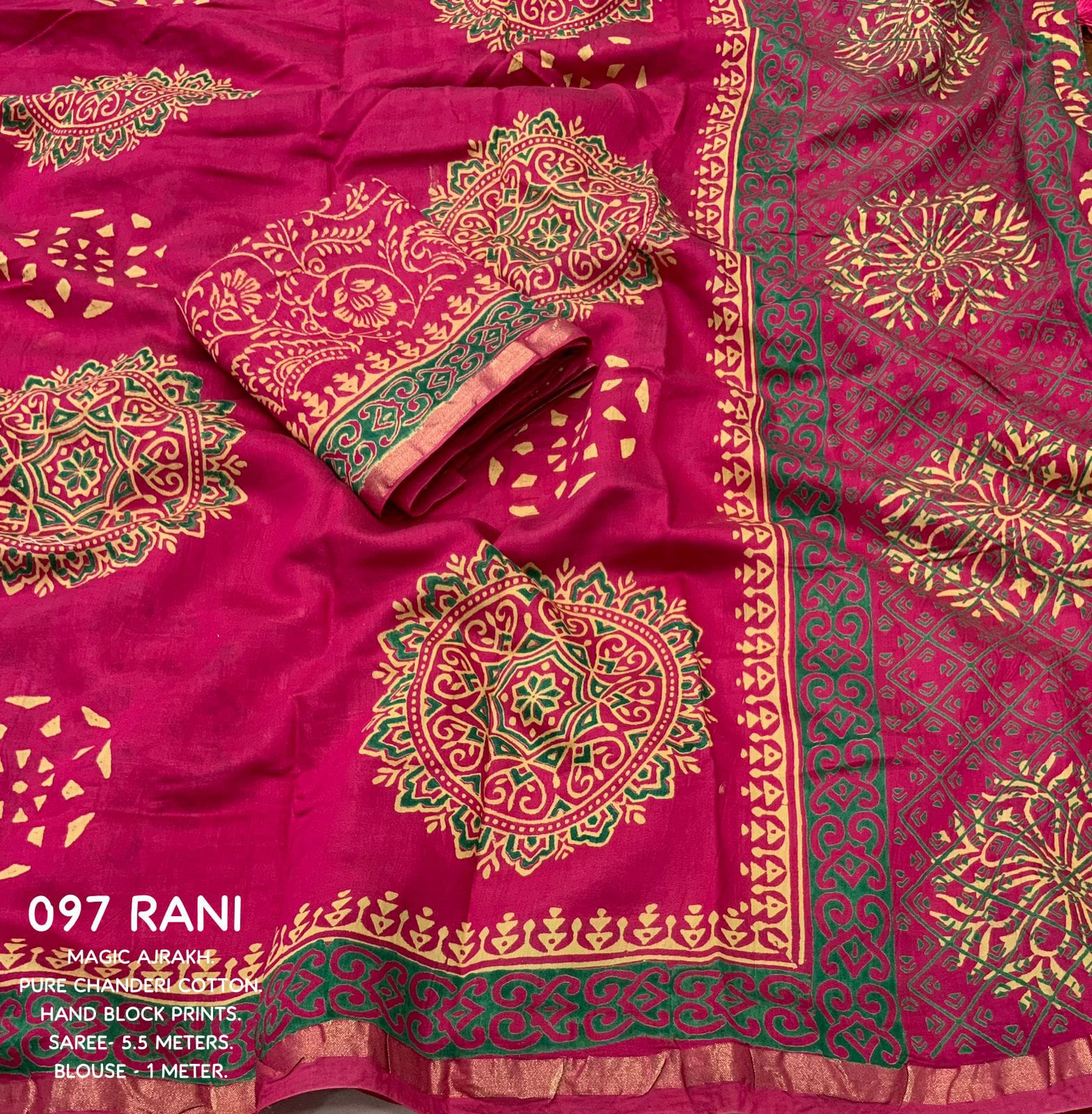 Rani Color Premium Cotton Ajrakh Hand Block Printed Saree With Zari Woven Pattu Border