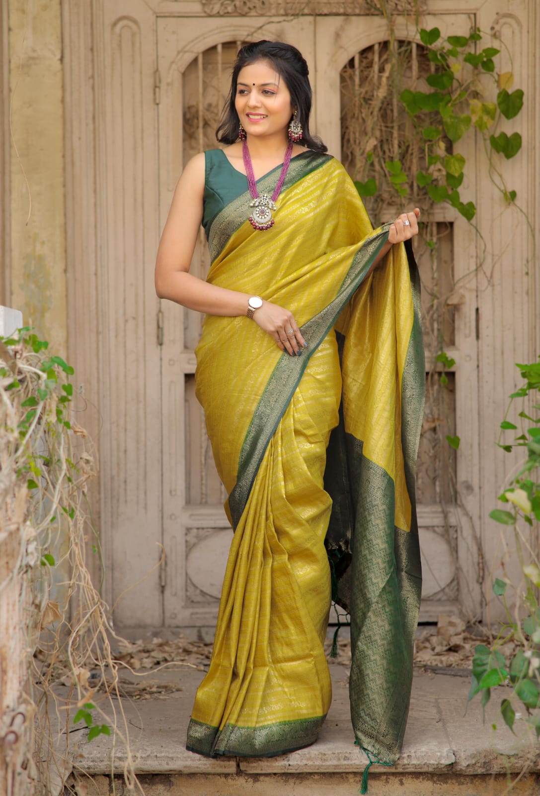 Yellow Color Kubera Pattu Silk Saree With Rich Pallu Jacquard Work