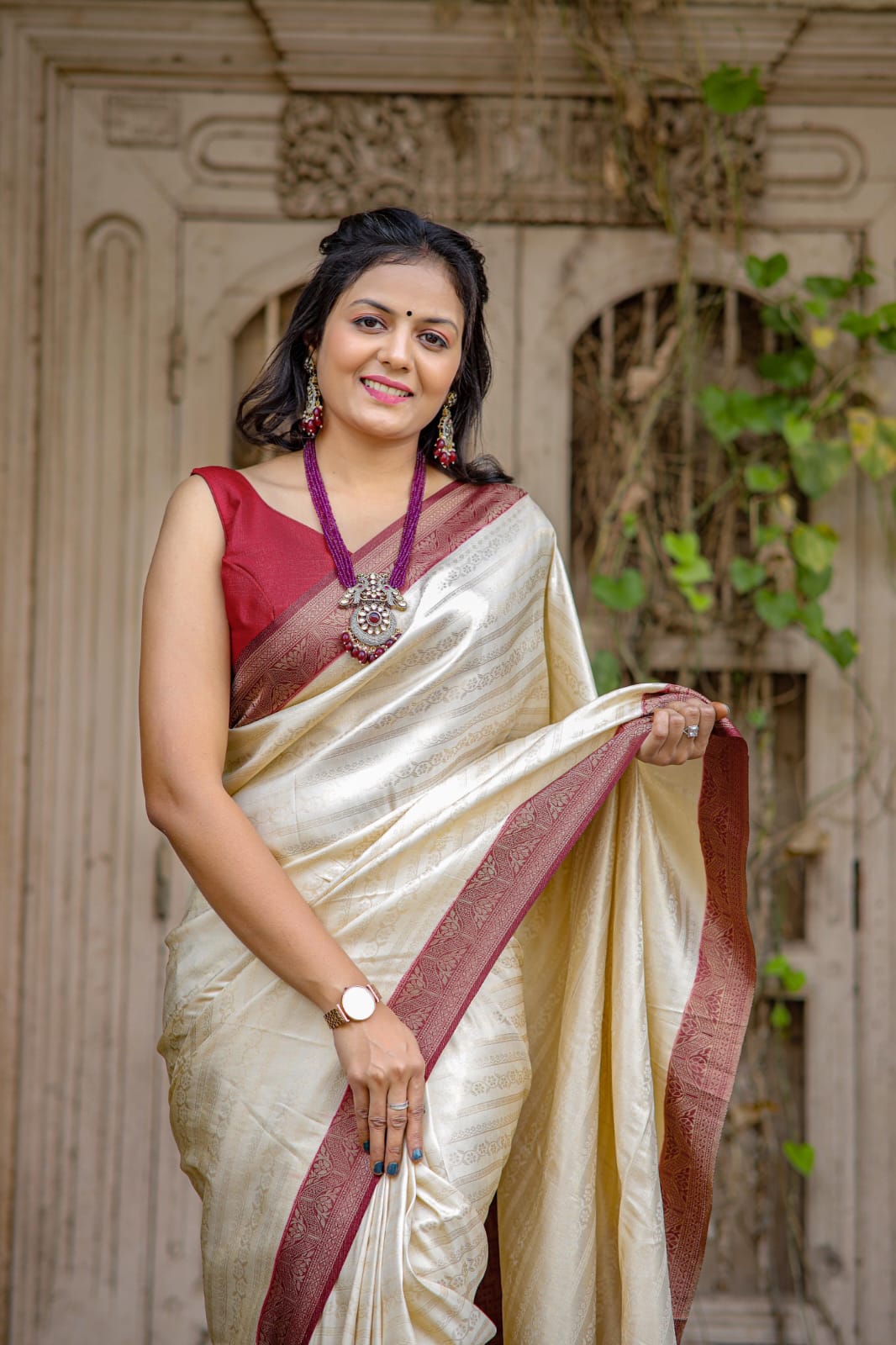 Cream Color Kubera Pattu Silk Saree With Rich Pallu Jacquard Work