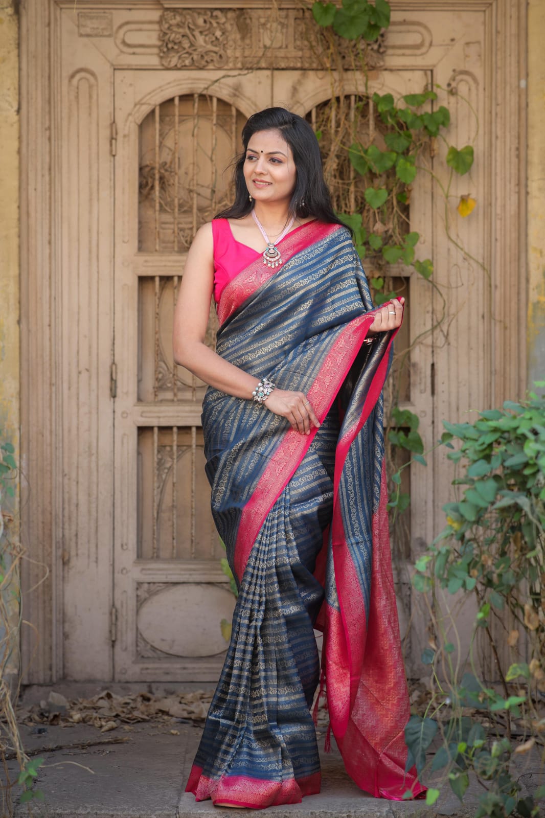 Stone Grey Color Kubera Pattu Silk Saree With Rich Pallu Jacquard Work