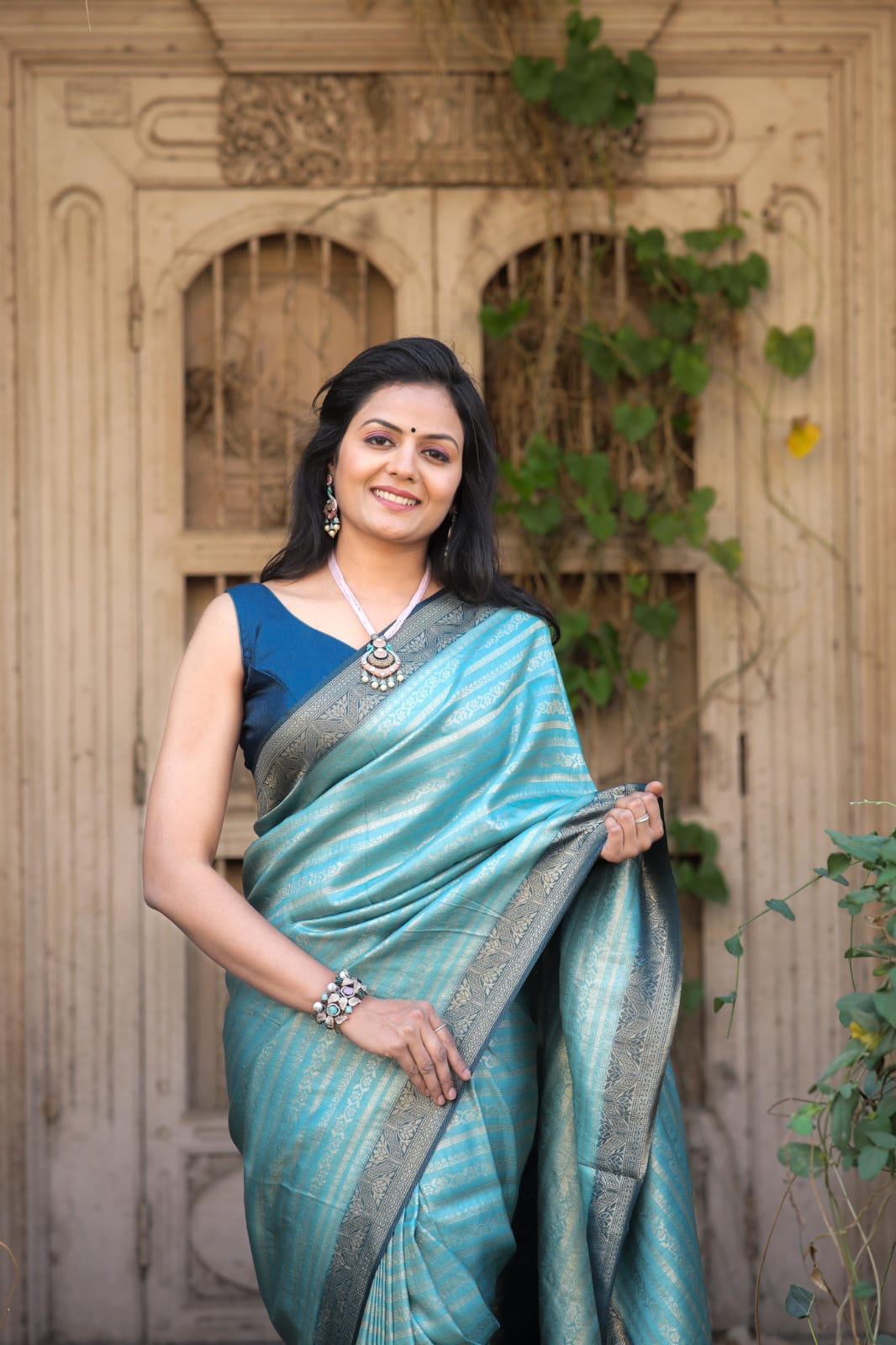 Aqua Blue Color Kubera Pattu Silk Saree With Rich Pallu Jacquard Work