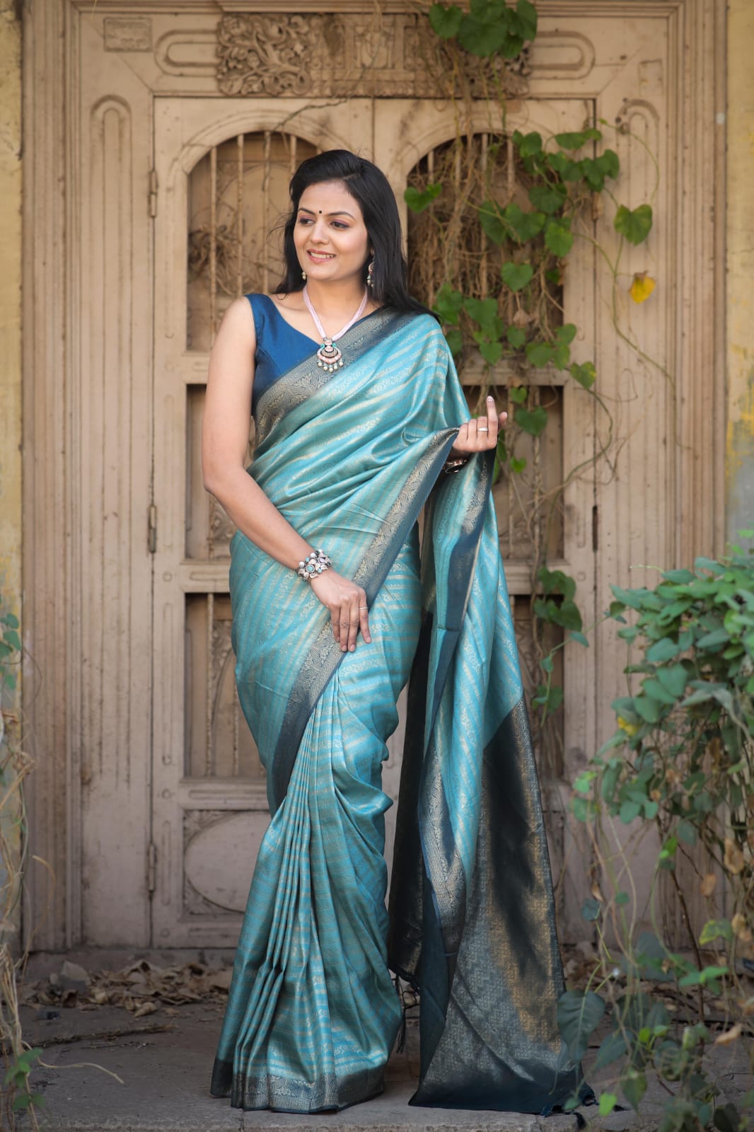 Aqua Blue Color Kubera Pattu Silk Saree With Rich Pallu Jacquard Work