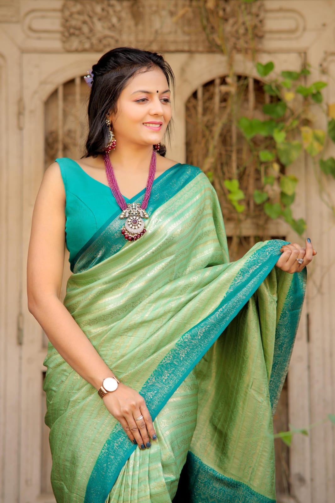 Aqua Green Color Kubera Pattu Silk Saree With Rich Pallu Jacquard Work