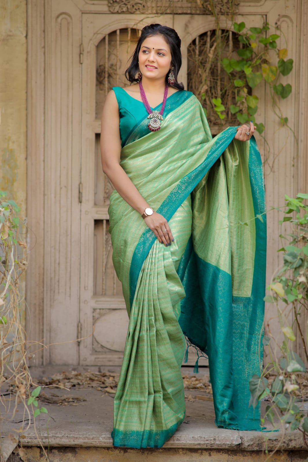 Aqua Green Color Kubera Pattu Silk Saree With Rich Pallu Jacquard Work