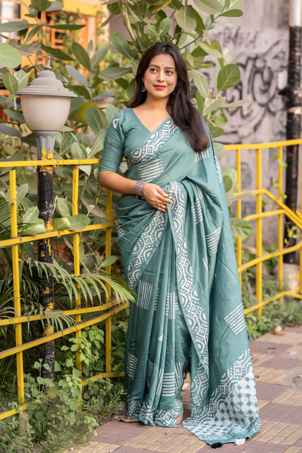 Dusty Green Color Premium Chanderi Cotton Batik Printed Saree