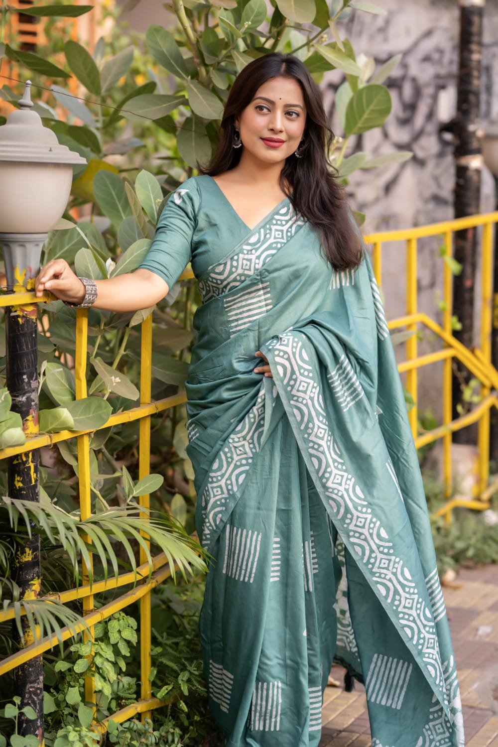 Dusty Green Color Premium Chanderi Cotton Batik Printed Saree