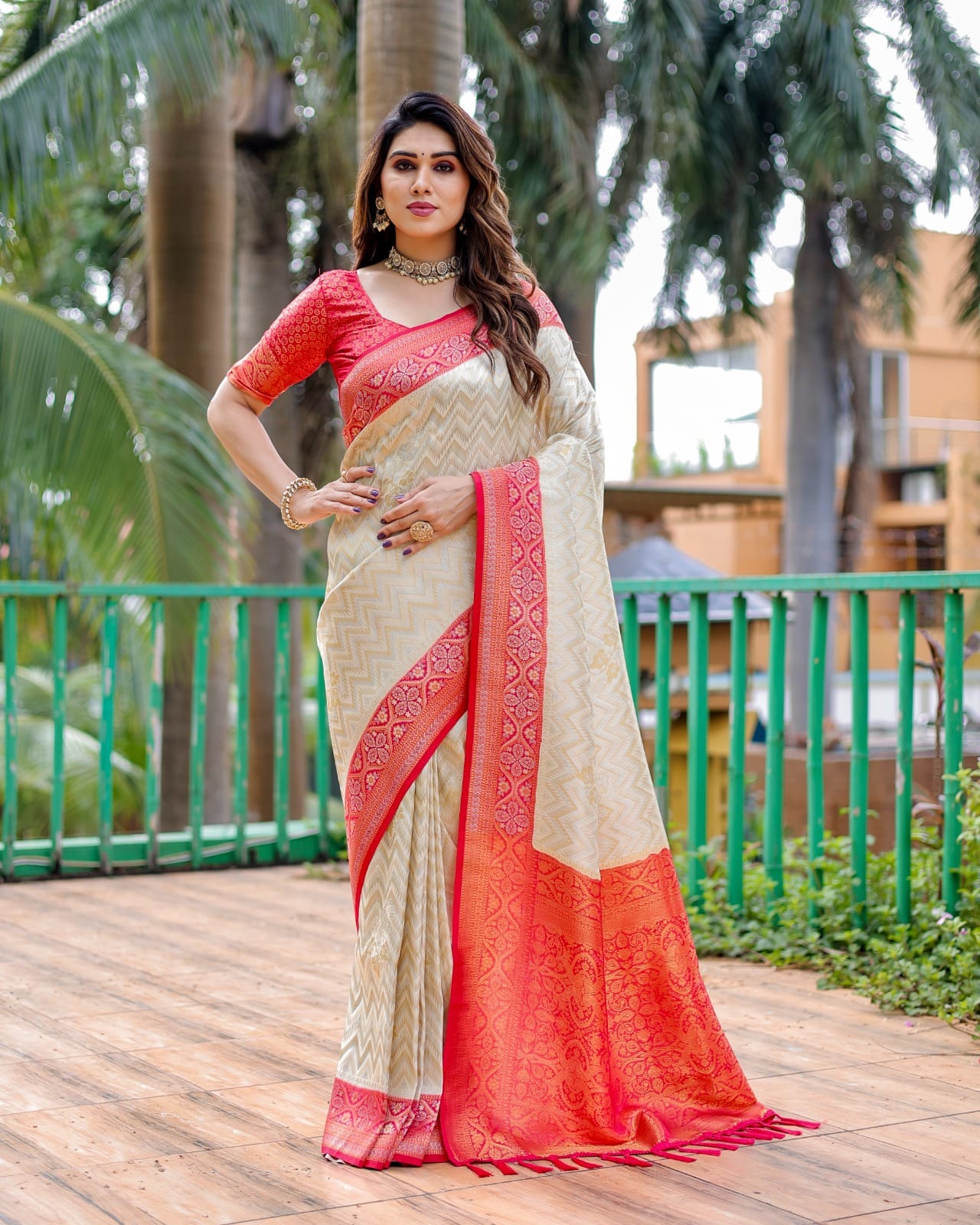 Cream Color Premium Kanjivaram Pattu Silk Saree With Zari Weaving and Leheriya All Over The Body With Heavy Border