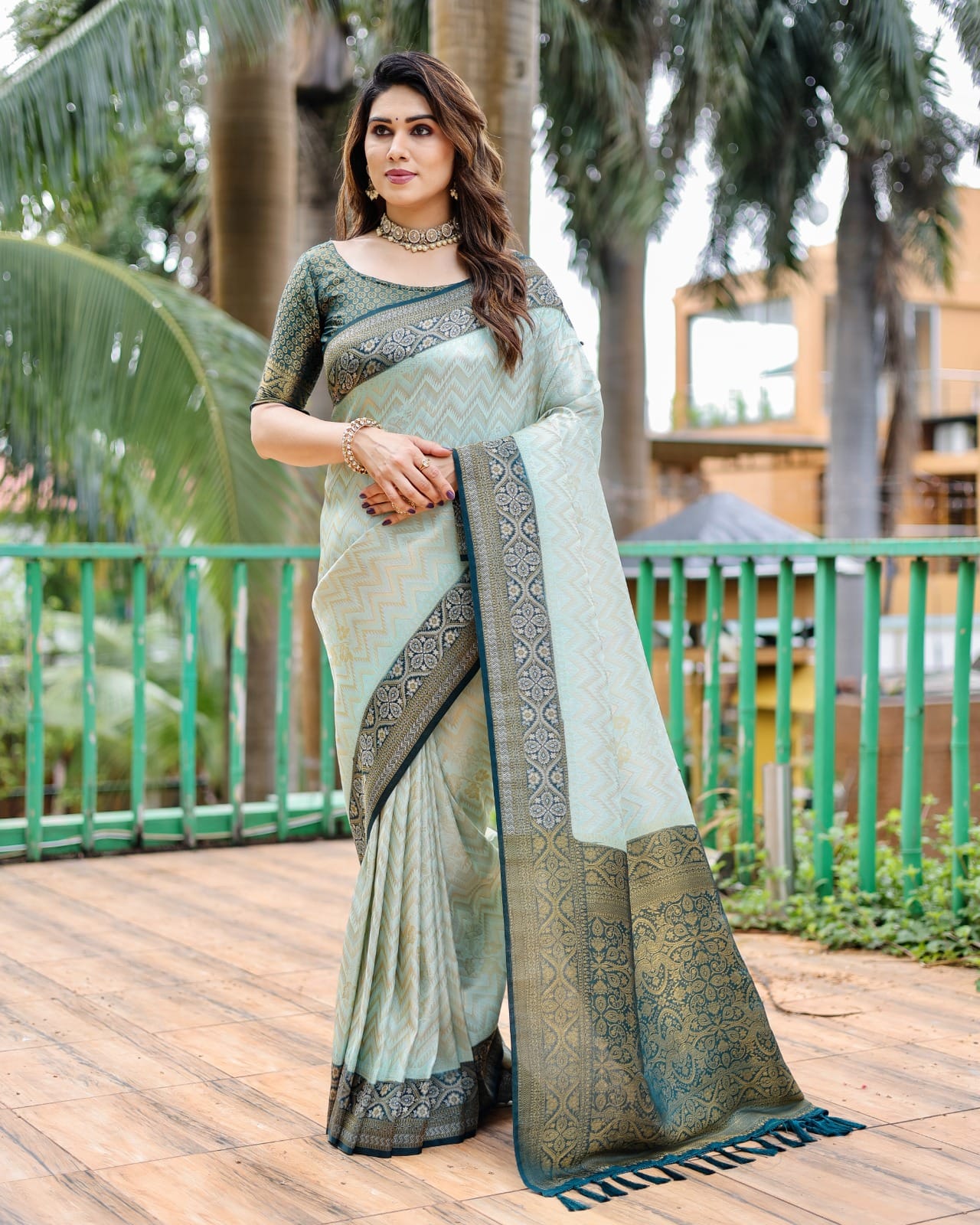 Mint Green Premium Kanjivaram Pattu Silk Saree With Zari Weaving and Leheriya All Over The Body With Heavy Border