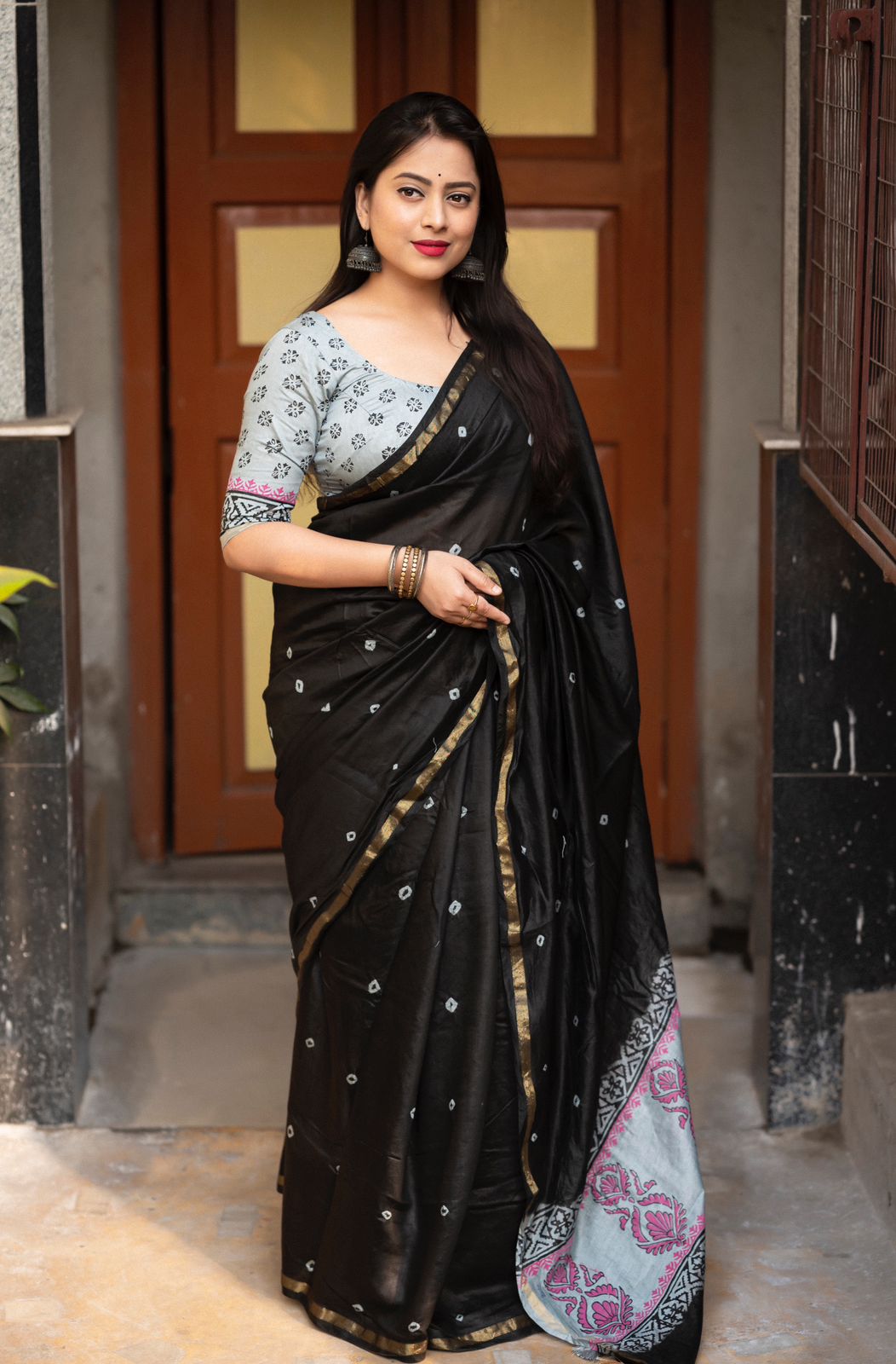 Black Color Soft Pure Chanderi Cotton Saree With Block Printed Shibori Butta and Block Print Pallu