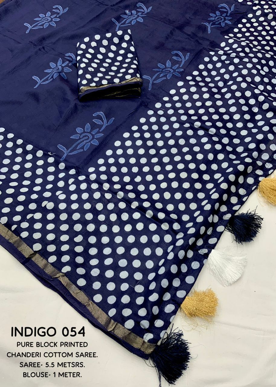 Blue Color Soft Pure Chanderi Cotton Saree With Hand Block Batlik Prints