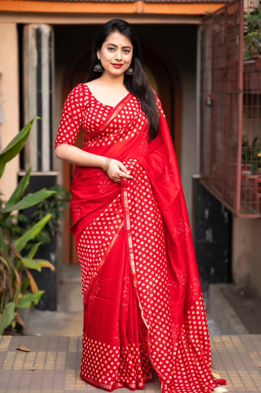 Rusty Red Color Soft Pure Chanderi Cotton Saree With Hand Block Batlik Prints