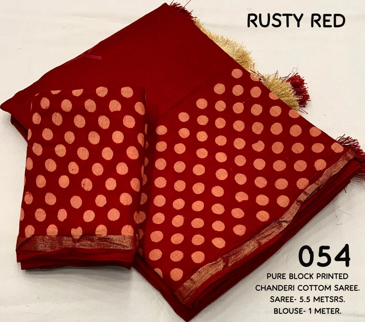 Rusty Red Color Soft Pure Chanderi Cotton Saree With Hand Block Batlik Prints