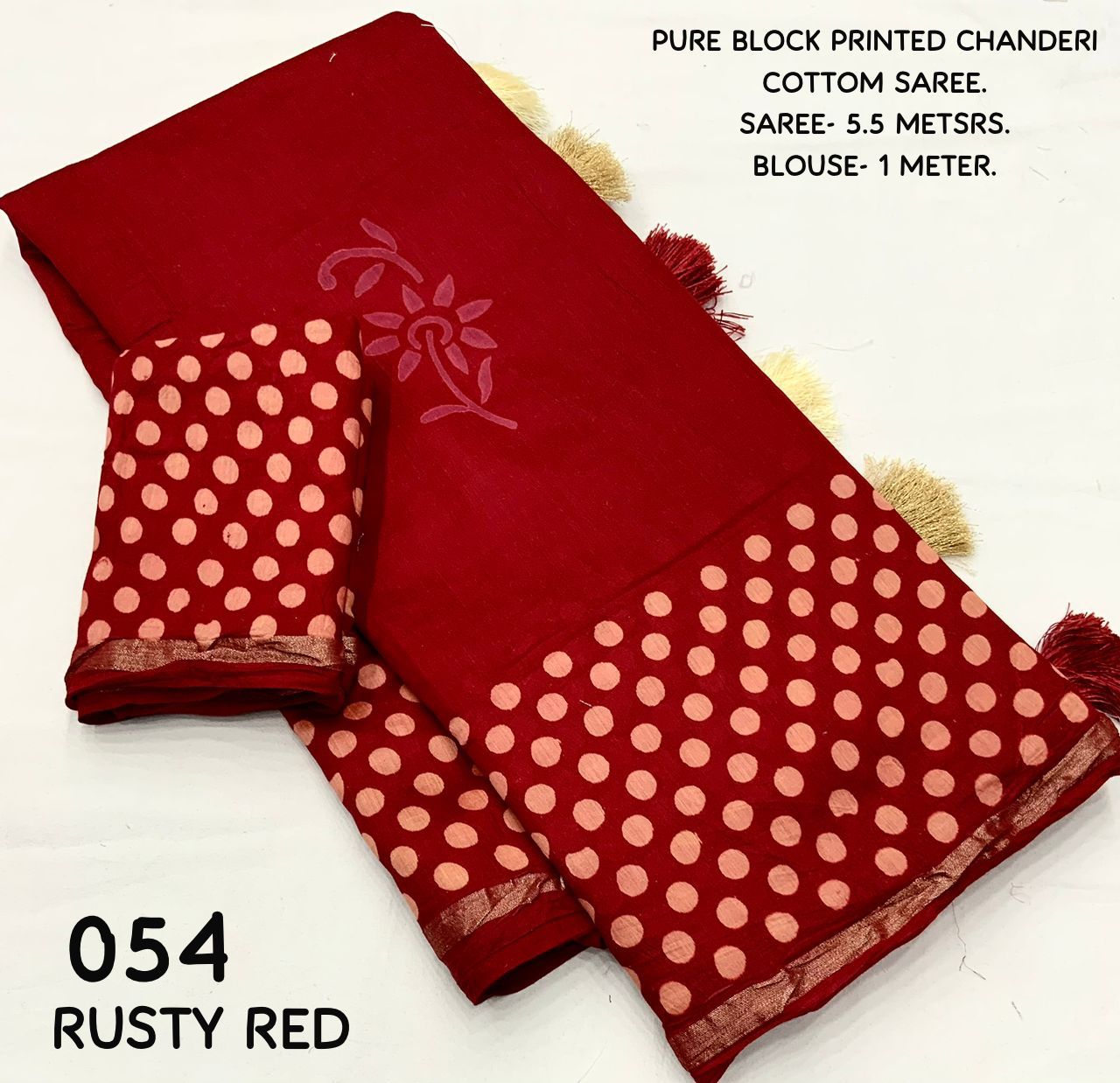 Rusty Red Color Soft Pure Chanderi Cotton Saree With Hand Block Batlik Prints