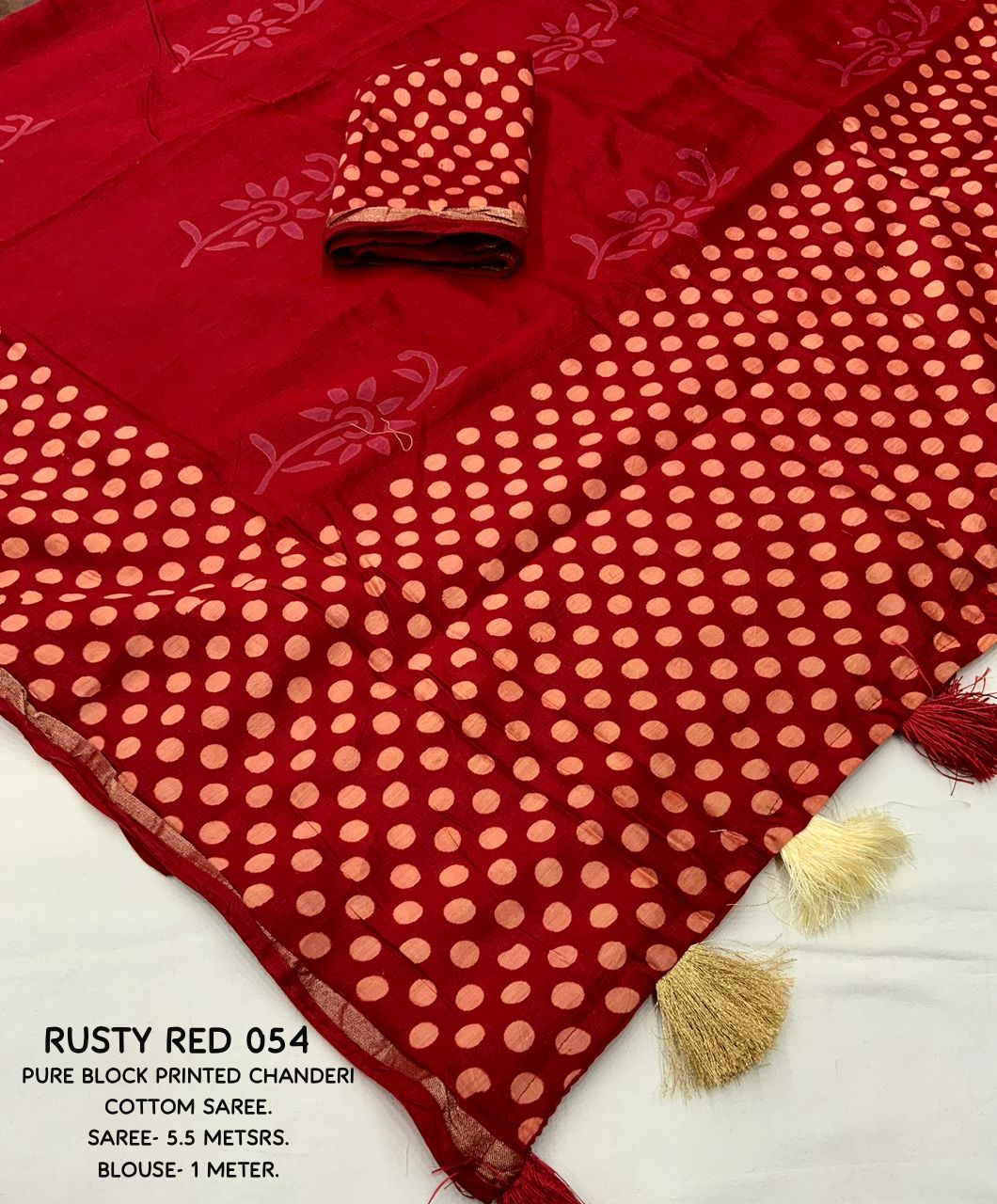 Rusty Red Color Soft Pure Chanderi Cotton Saree With Hand Block Batlik Prints