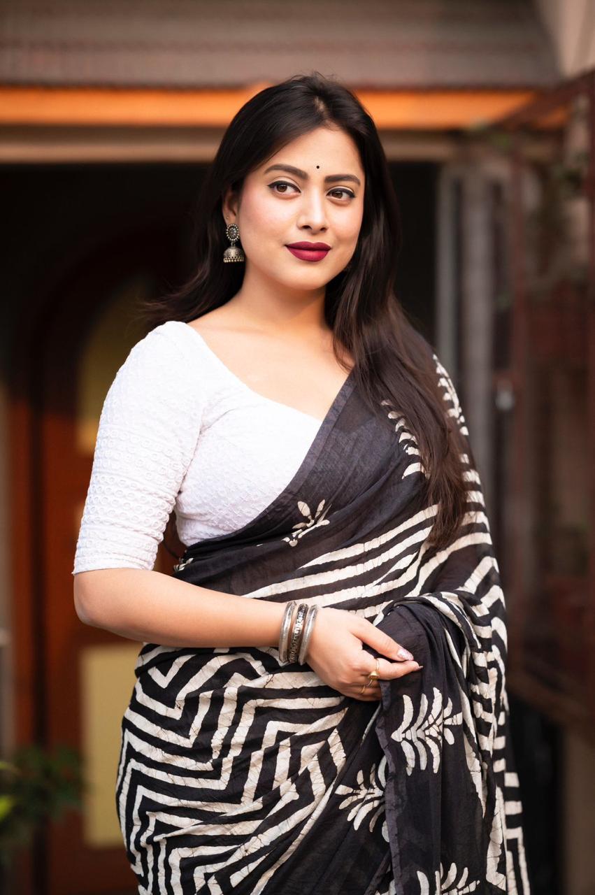 Pure Chanderi Cotton Hand Block Printed Saree In Black