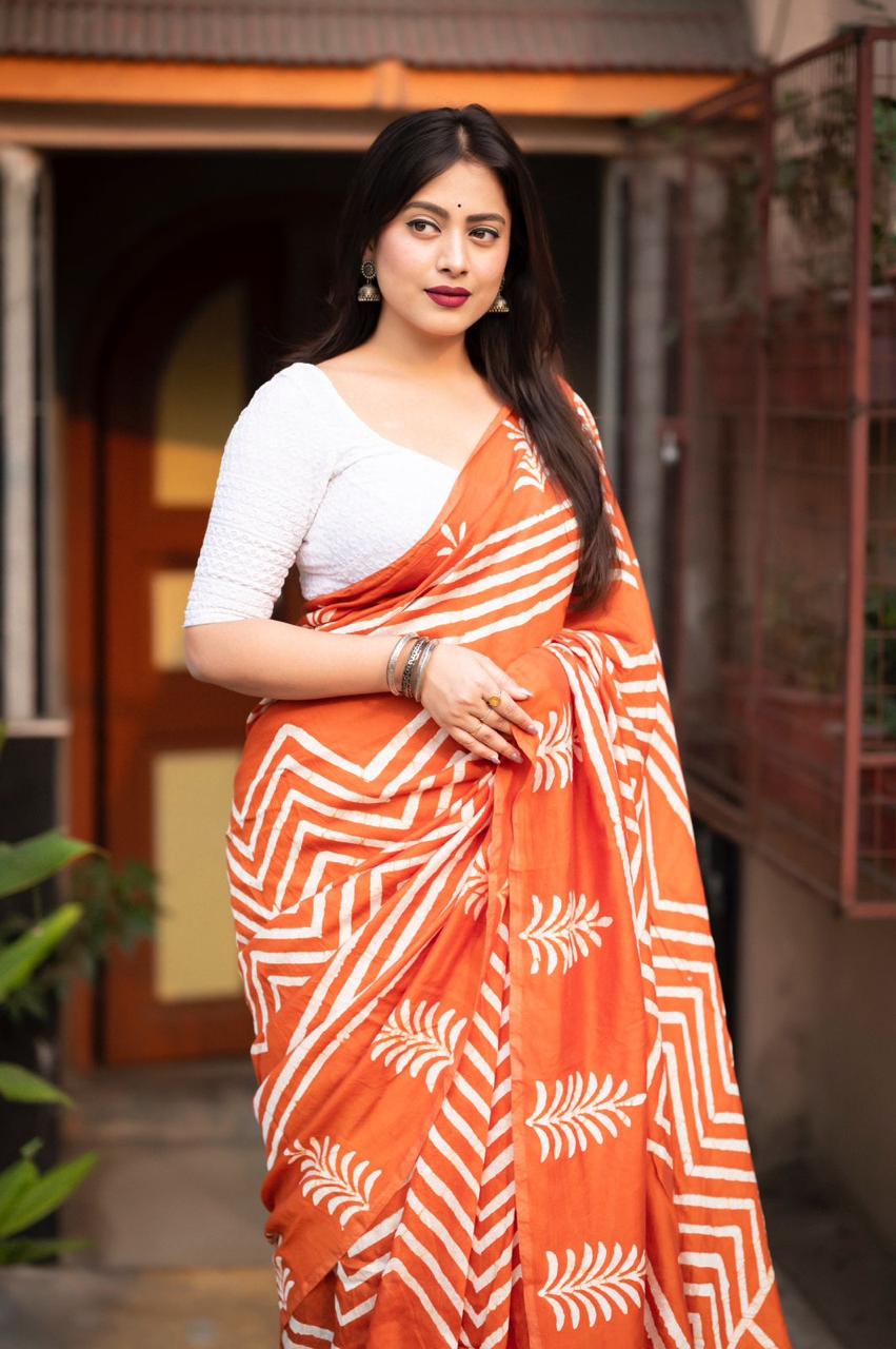 Pure Chanderi Cotton Hand Block Printed Saree In Orange