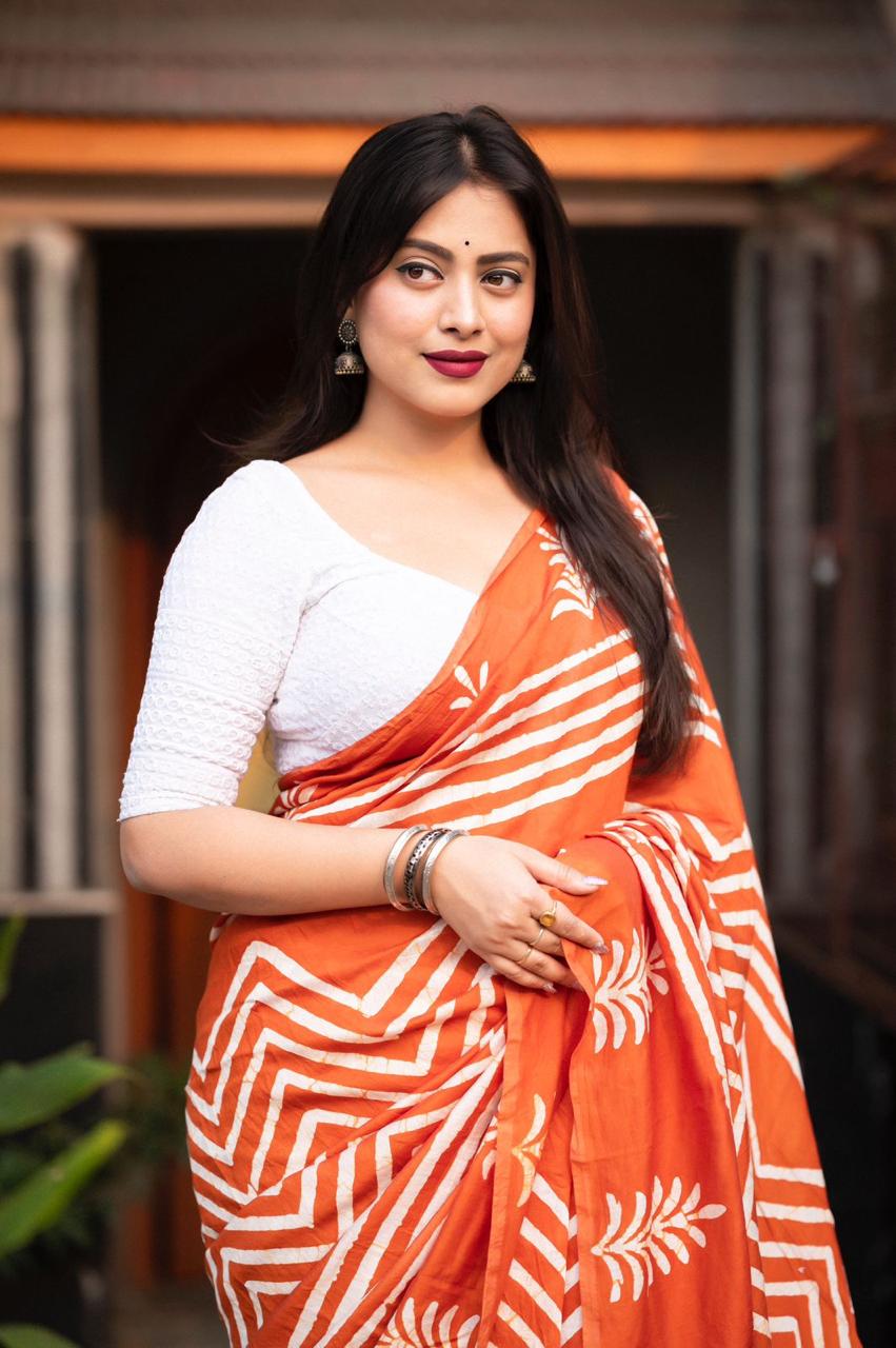 Pure Chanderi Cotton Hand Block Printed Saree In Orange