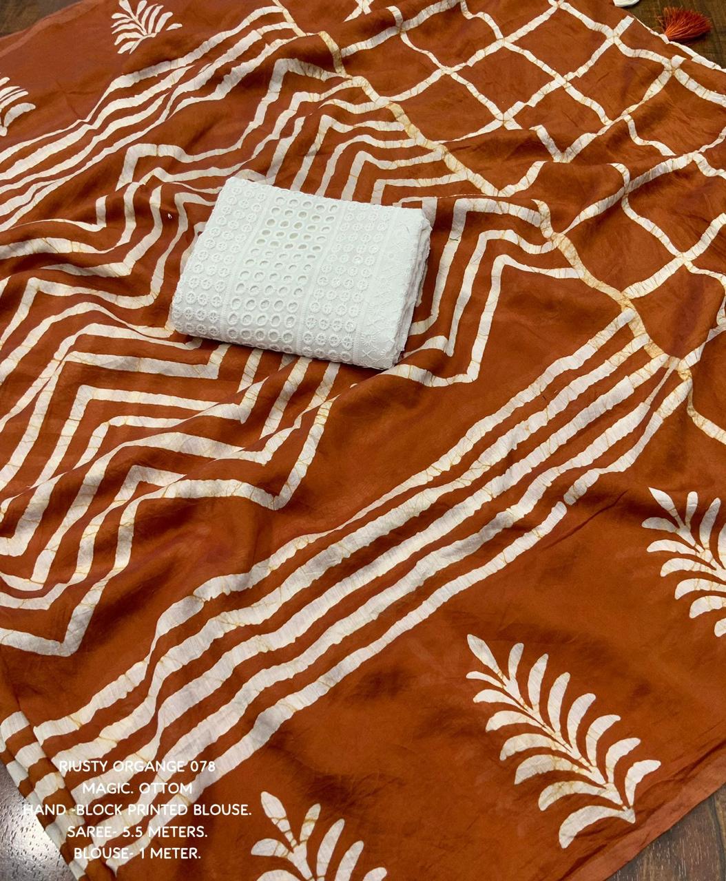 Pure Chanderi Cotton Hand Block Printed Saree In Orange