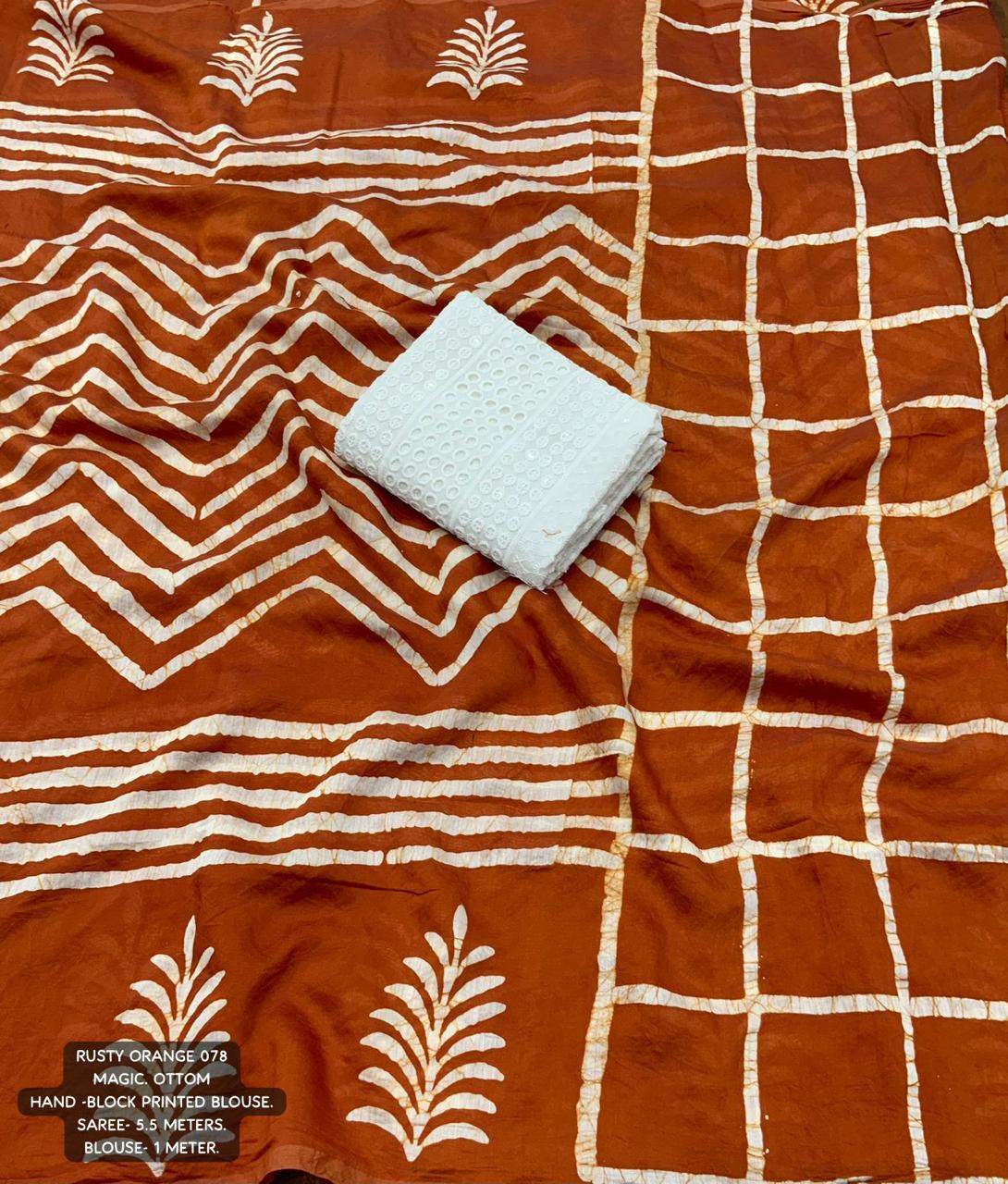 Pure Chanderi Cotton Hand Block Printed Saree In Orange