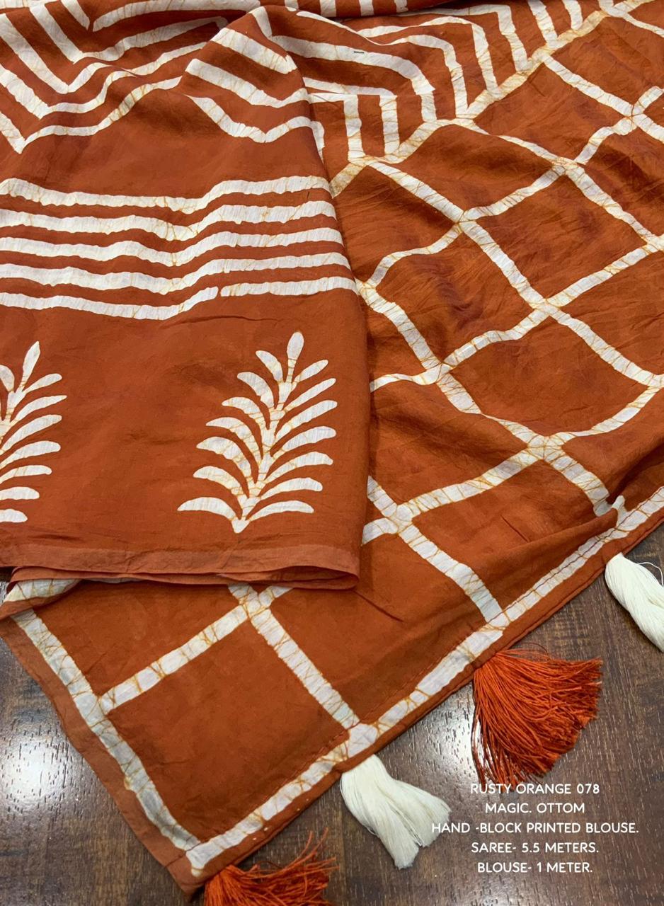 Pure Chanderi Cotton Hand Block Printed Saree In Orange