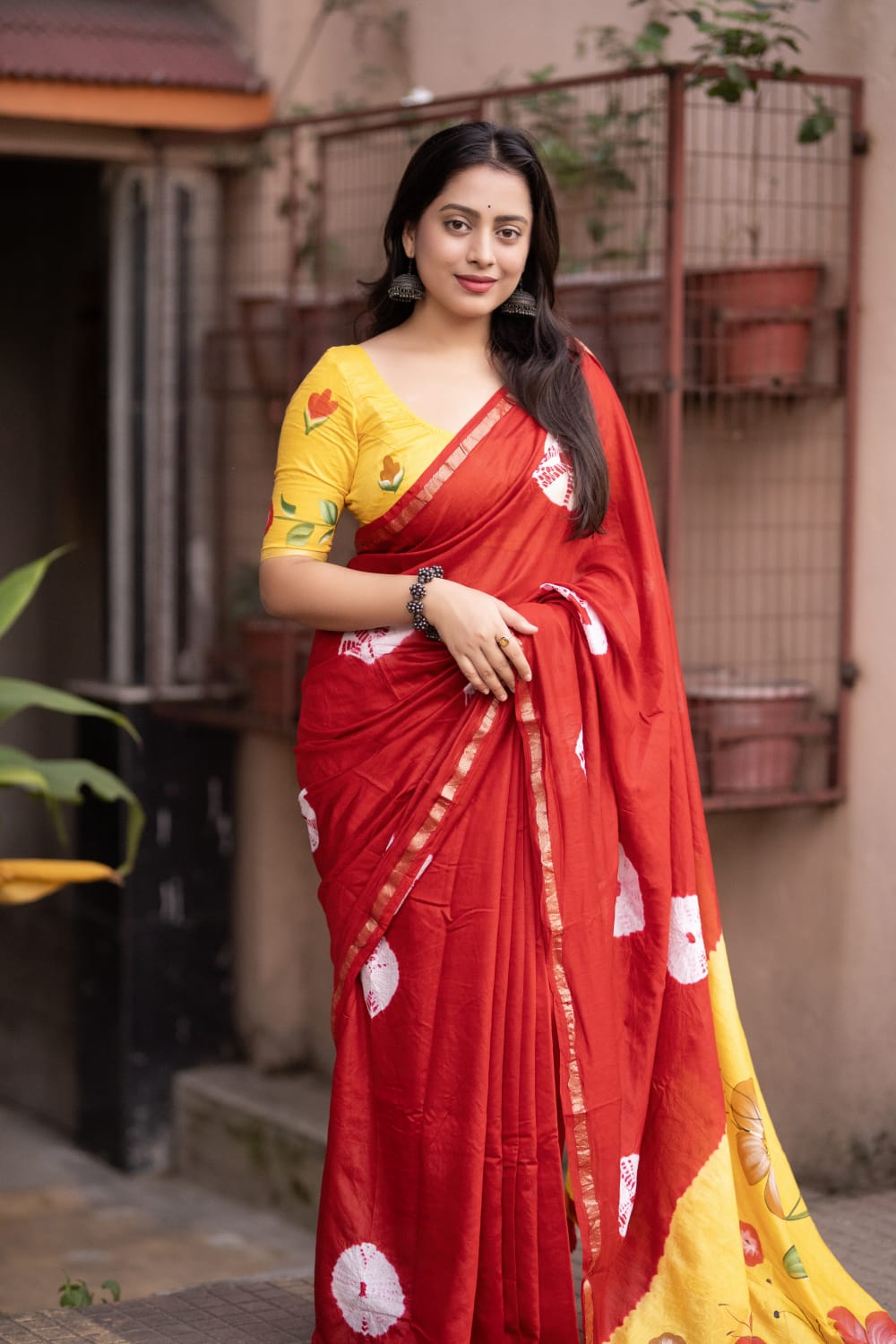 Red and Yellow Color Pure Chanderi Cotton Saree With Batik Butta and Contrast With Hand Painted Pallu