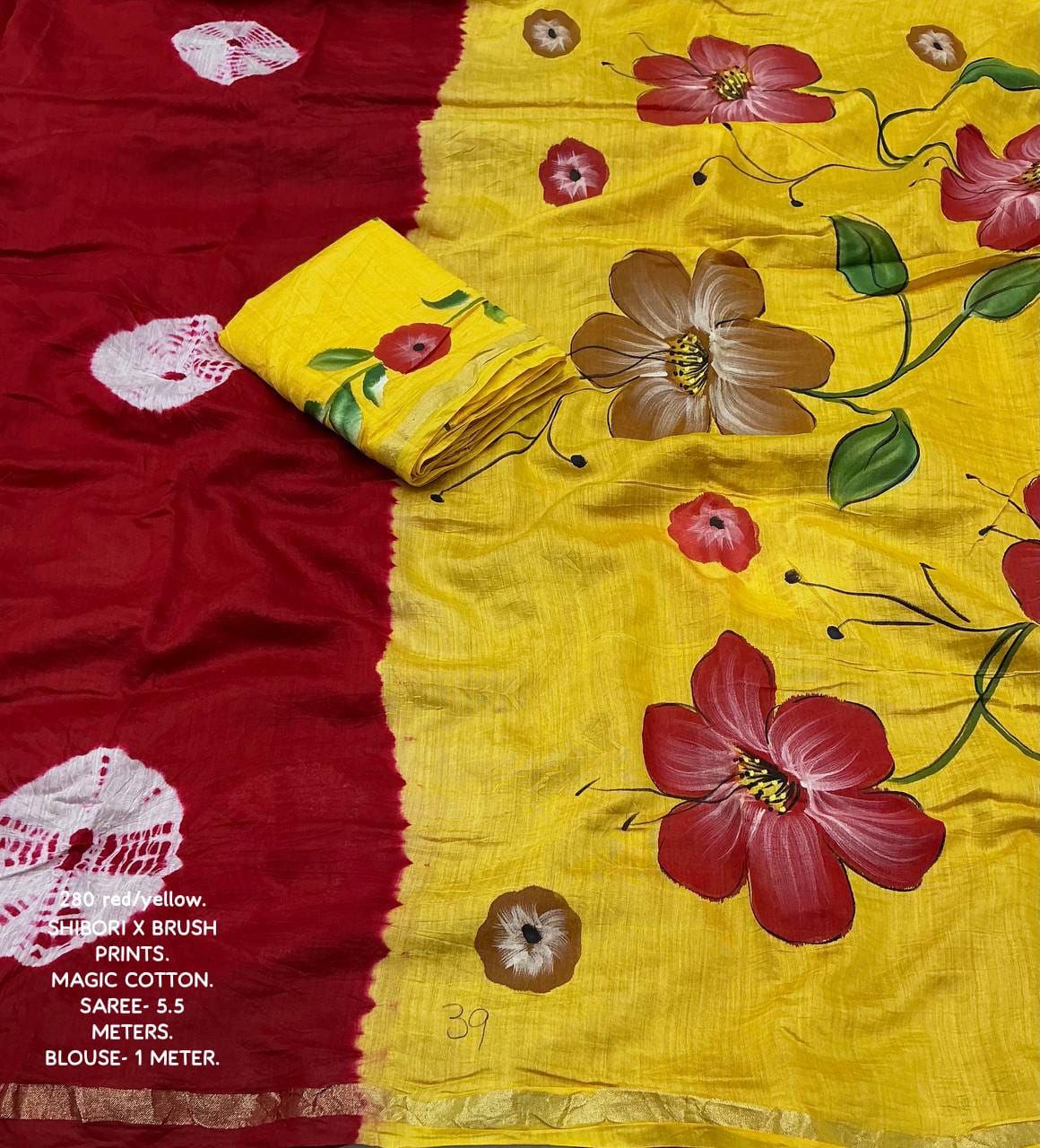 Red and Yellow Color Pure Chanderi Cotton Saree With Batik Butta and Contrast With Hand Painted Pallu