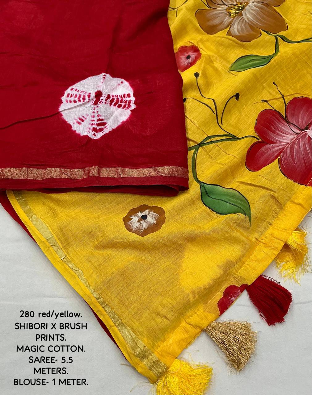 Red and Yellow Color Pure Chanderi Cotton Saree With Batik Butta and Contrast With Hand Painted Pallu