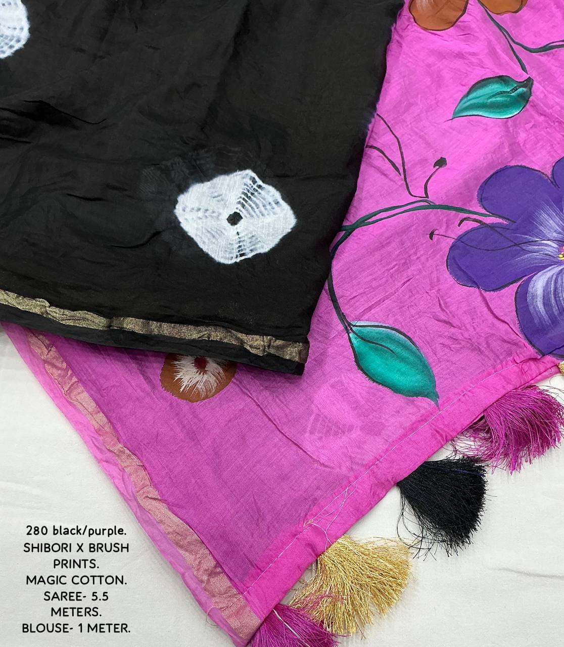 Black and Pink Color Pure Chanderi Cotton Saree With Batik Butta and Contrast With Hand Painted Pallu